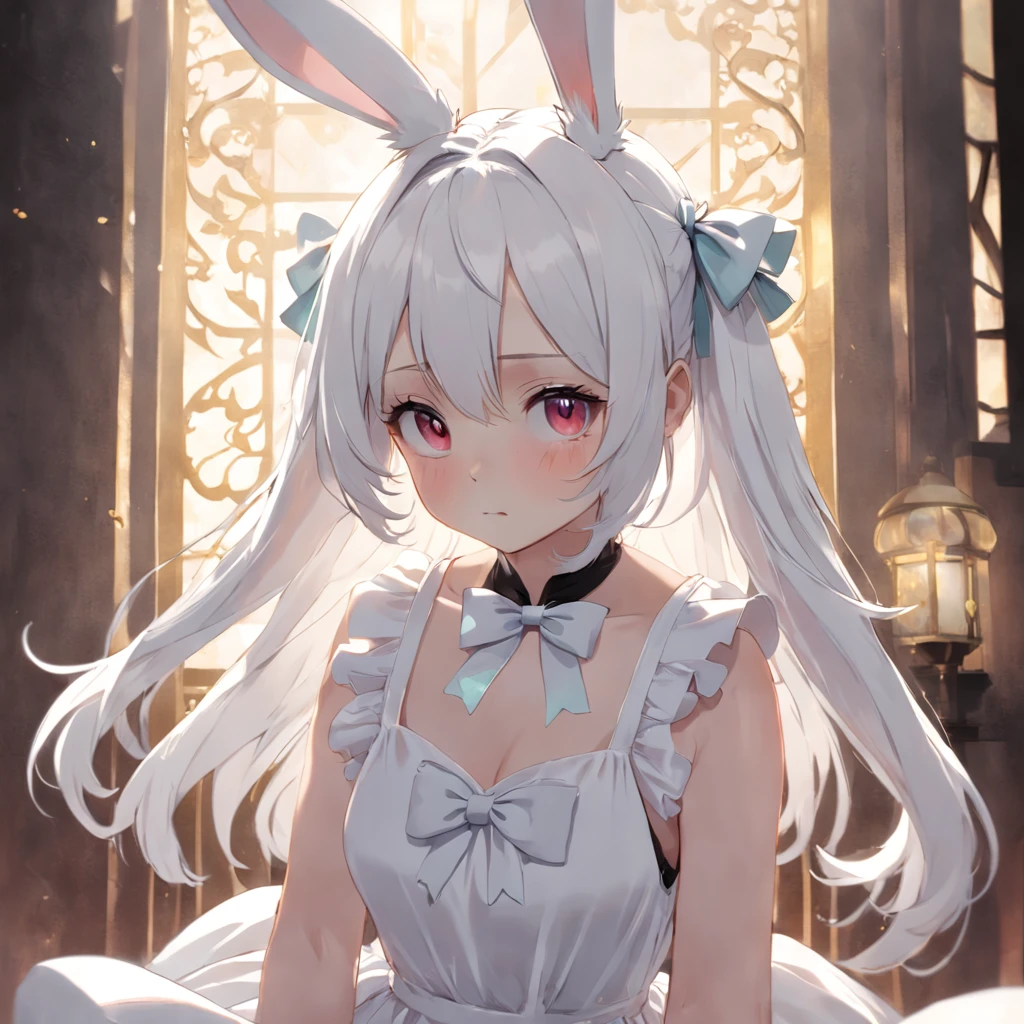 Girl Two Rabbit Ears White Hair Bow White Dress White Top Look at me with a shy expression