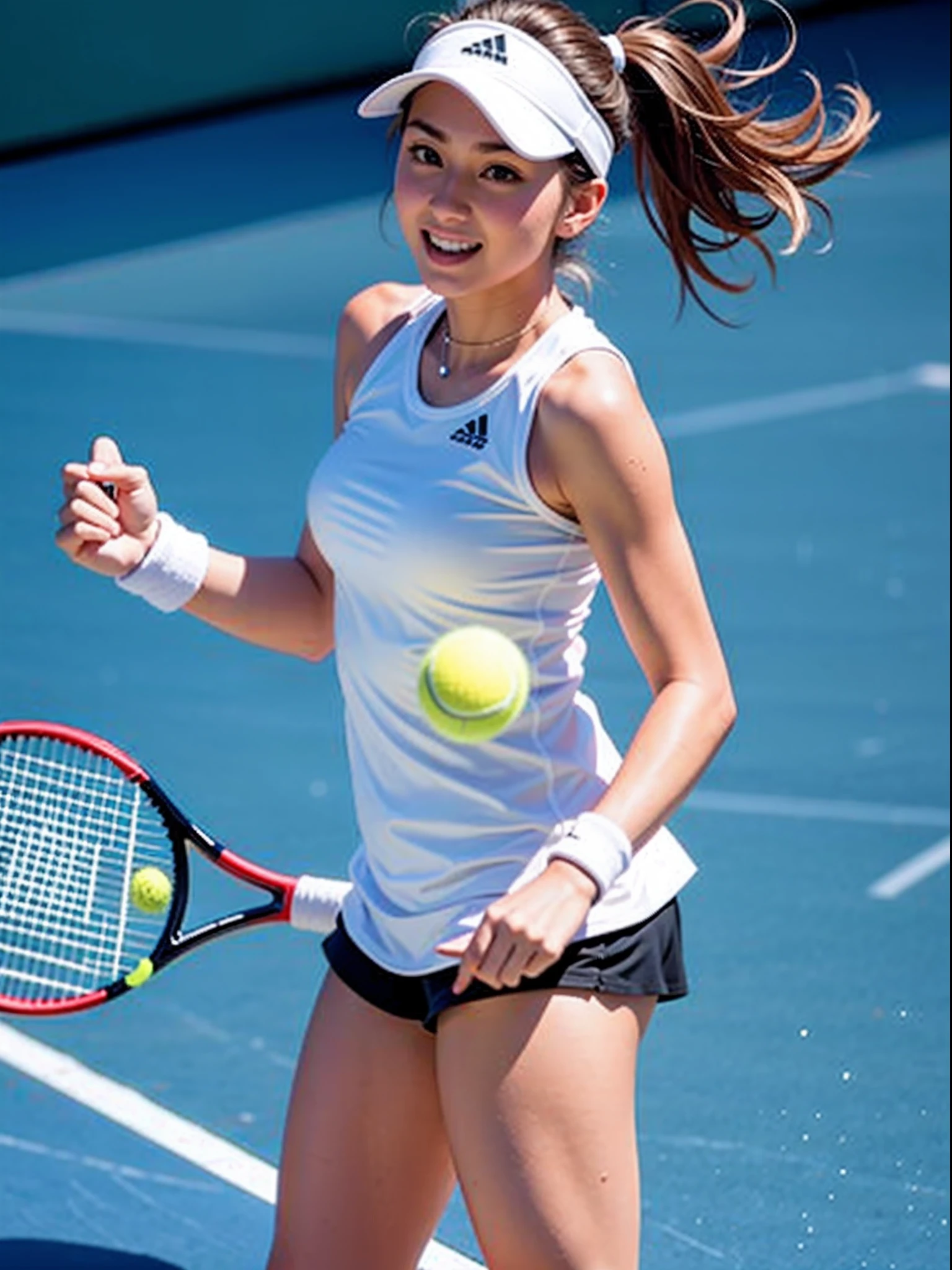 ​masterpiece, 1girl in, 独奏, Luminous Eyes, White sneakers, Tennis Wear, White mini skirt, white cotton pantie, white knee-socks, ​masterpiece, top-quality, realisitic, ultra-detailliert, blue-sky, tennis coat,  (extremely delicate and beautiful work), ((masuter piece)), (Best Quality), glamor body, One lady, flaxen ponytail、Beautiful camel toe、beautiful boob、beautiful thigh、Beautiful facial features、20yr old, (Wearing a tennis uniform:1.5), (Taut),  (Sexually aroused face:1.4), ( Shoulder cut hair,(Fair skin:1.2), Bright lighting, Natural lighting, Realistic lighting, Lovely lips、delicated face、(realisitic、Photo_Realistic:1.4)、((top-quality、​masterpiece:1.3))、20yr old、((Brown hair))、((a shower、White turbid water))、((the pose))、((Functional))、((soaked breasts))、(((soaked body)))、(((Drenched pubic hair)))、Smile full of happiness、Poses that fascinate a man、seducing smile、Squat down with your crotch open、(((During sex)))、(((SEX)))、(((Expression in a state of excitement)))、(((Lacking)))、short-hair、toppless