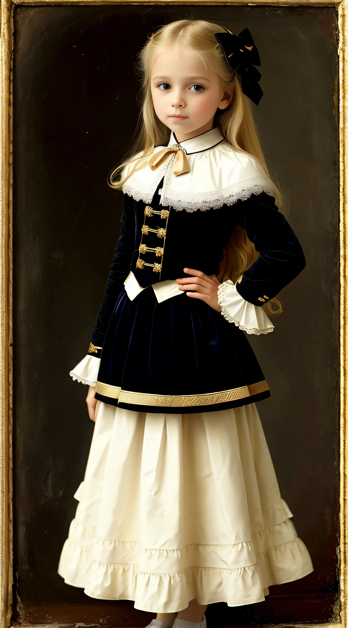 Russian, , Portrait , Long blonde hair and bow,Layered skirt,Noble,opulent,cropped shoulders