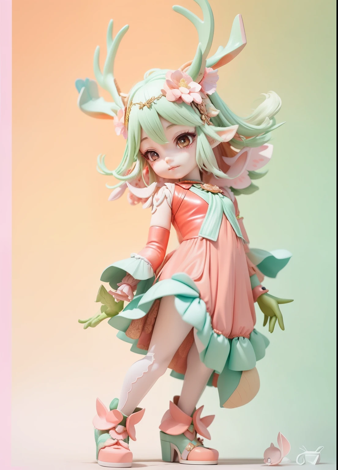 Close-up of a statue of a woman with a deer's head,There are corals under the feet, Stylized anime, anime styled 3d, render of a cute 3d anime girl, elf girl wearing an flower suit, cute character, 8K high quality detailed art, Anime Stylization, pixie character, Guviz-style artwork, style of wlop, small curvaceous loli