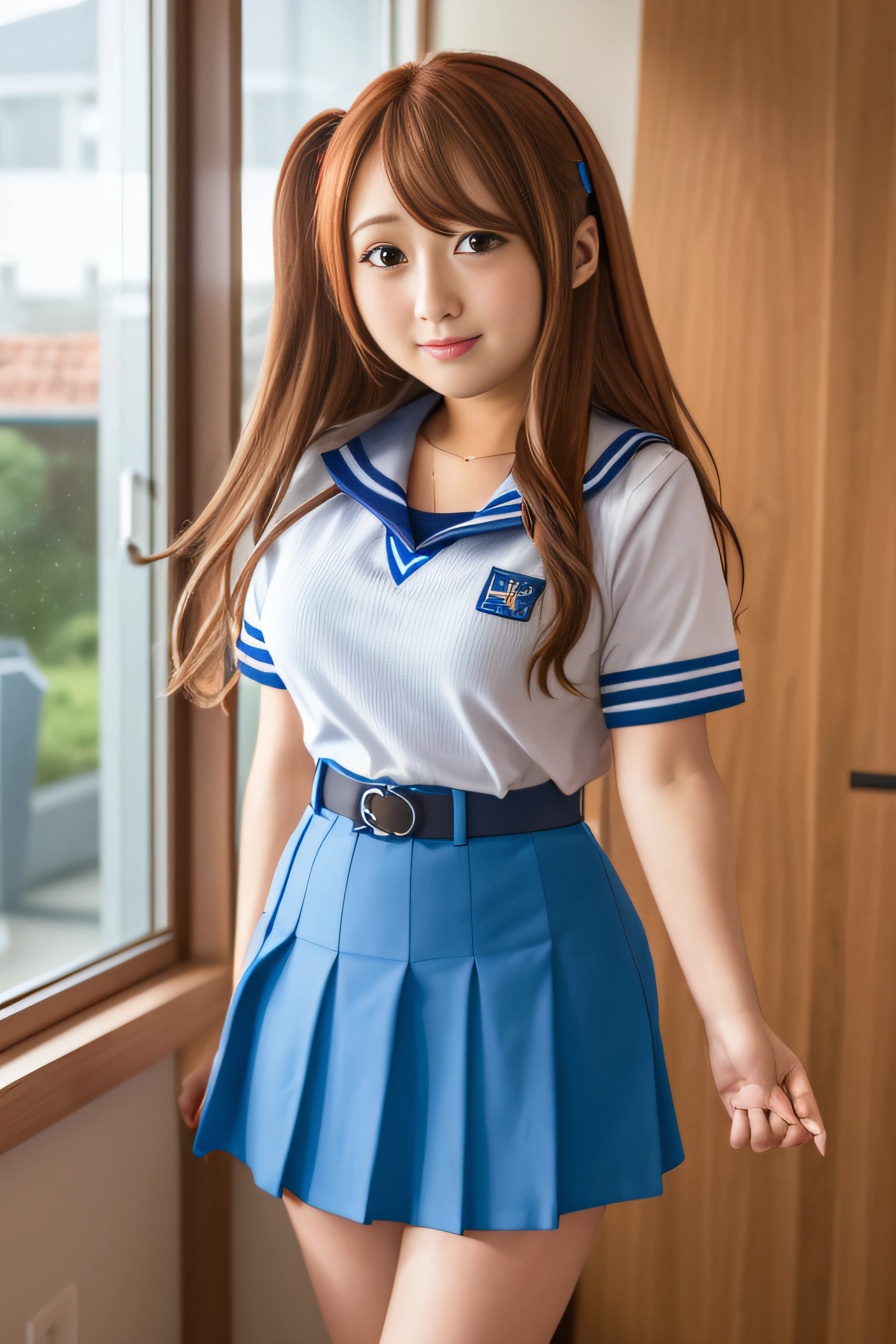 masterpiece, best quality, highres, mikuru1, 1girl, asahina mikuru, long hair, kita high school uniform, solo, blue sailor collar, sailor collar, serafuku, blue skirt, skirt, short sleeves, red ribbon, large breasts,