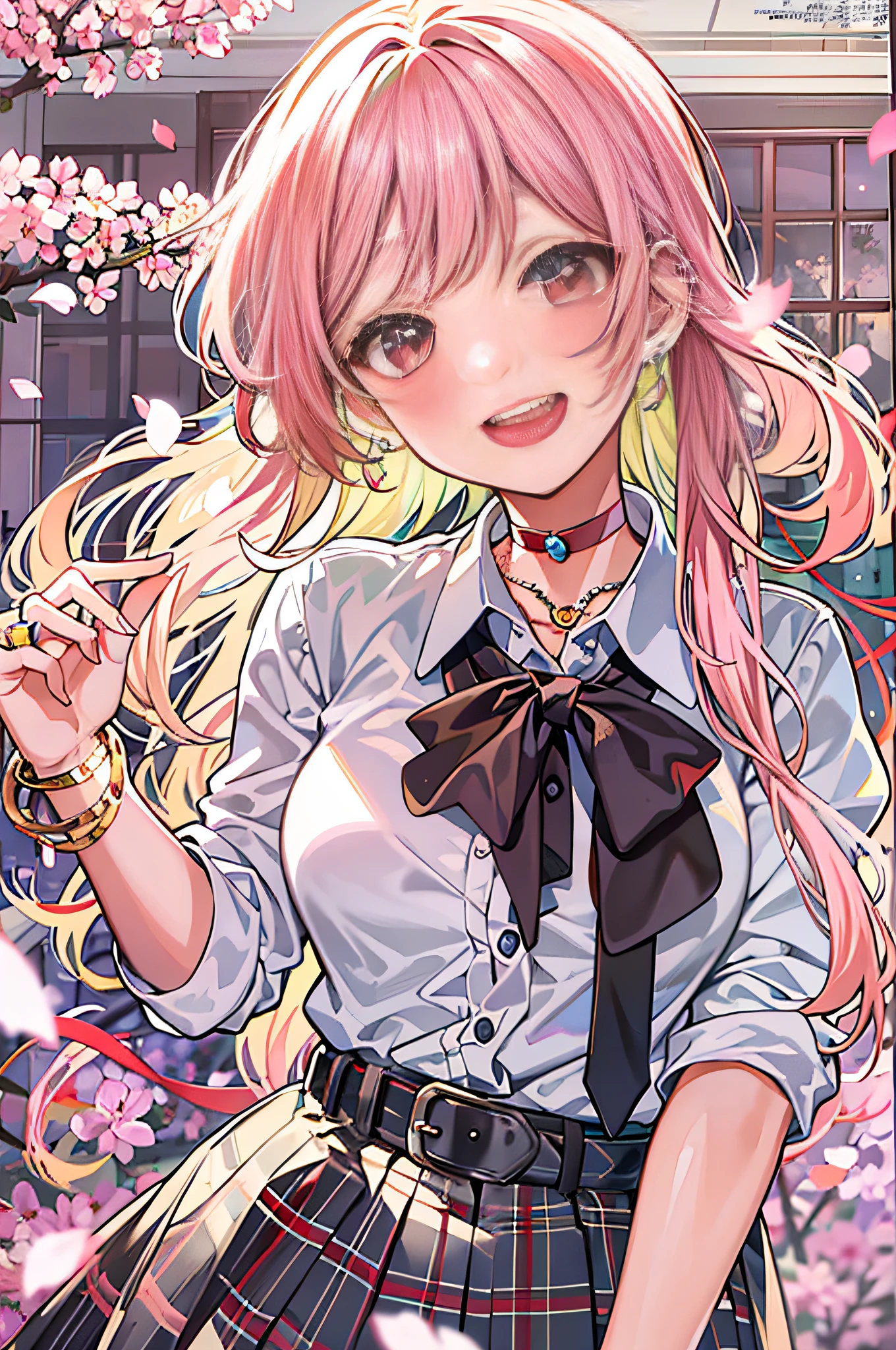 masterpiece, best quality, full body, 1girl, bangs, black choker, black necktie, blonde hair, blue skirt, blush, bracelet, breasts, choker, clothes around waist, collarbone, collared shirt, cowboy shot, dress shirt, ear piercing, eyebrows visible through hair, gradient hair, grin, gyaru, jewelry, kogal, long hair, looking at viewer, loose necktie, necktie, piercing, plaid, plaid skirt, pleated skirt, red eyes, ring, school uniform, shirt, skirt, smile, solo, white shirt, street, sky, cherry blossoms, petals,illustration, (magazine:1.3), (cover-style:1.3), fashionable, woman, vibrant, outfit, posing, front, colorful, dynamic, background, elements, confident, expression, holding, statement, accessory, majestic, coiled, around, touch, scene, text, cover, bold, attention-grabbing, title, stylish, font, catchy, headline, larger, striking, modern, trendy, focus, fashion,