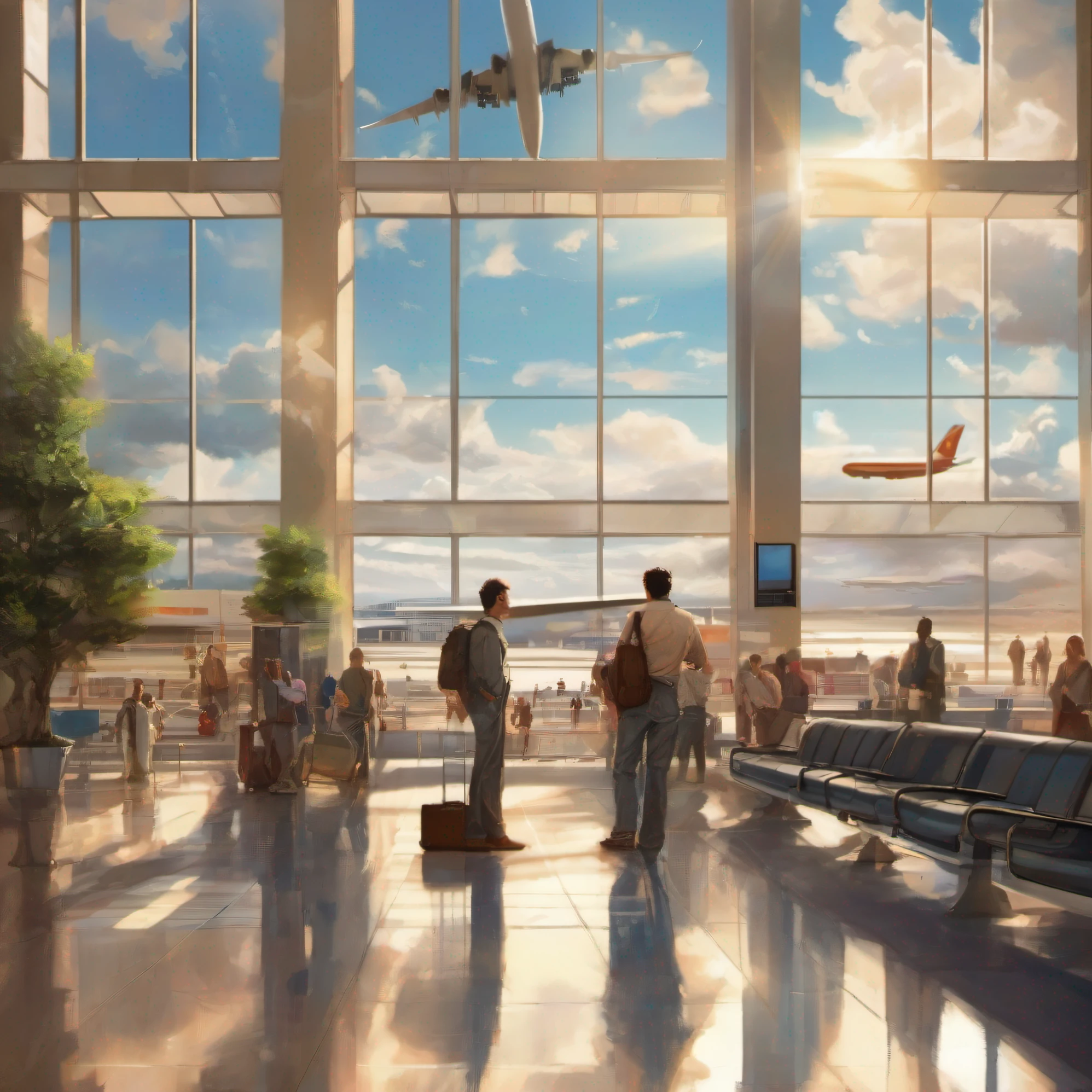 Amid the hectic bustle of the airport terminal, the protagonist catches a glimpse of their soulmate through the sunlit window. The man stands by a departure gate, his face illuminated with excitement as he checks his watch and anxiously glances at his phone. Meanwhile, the airport crowd buzzes with a diverse group of travelers, each deeply engrossed in their own unique journeys. As the departure board proudly displays numerous on-time flights under a sunny sky adorned with a few fluffy clouds, destiny seems to be weaving a story of connection and serendipity in this bustling airport. Explore the unfolding narrative between the protagonist and their soulmate amidst this vibrant backdrop.