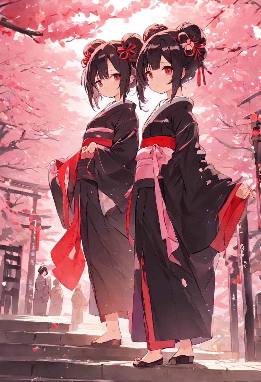((masterpiece,best quality)),2girls, black kimono, black legwear, black ribbon, black hair, cherry blossoms, day, flower, hair bun, hair ribbon, japanese clothes, kimono, long hair, looking at viewer, looking back, multiple girls, obi, outdoors, red eyes, red hair, ribbon, sandals, single hair bun, stairs, standing, statue, torii, tree, white kimono, yellow eyes