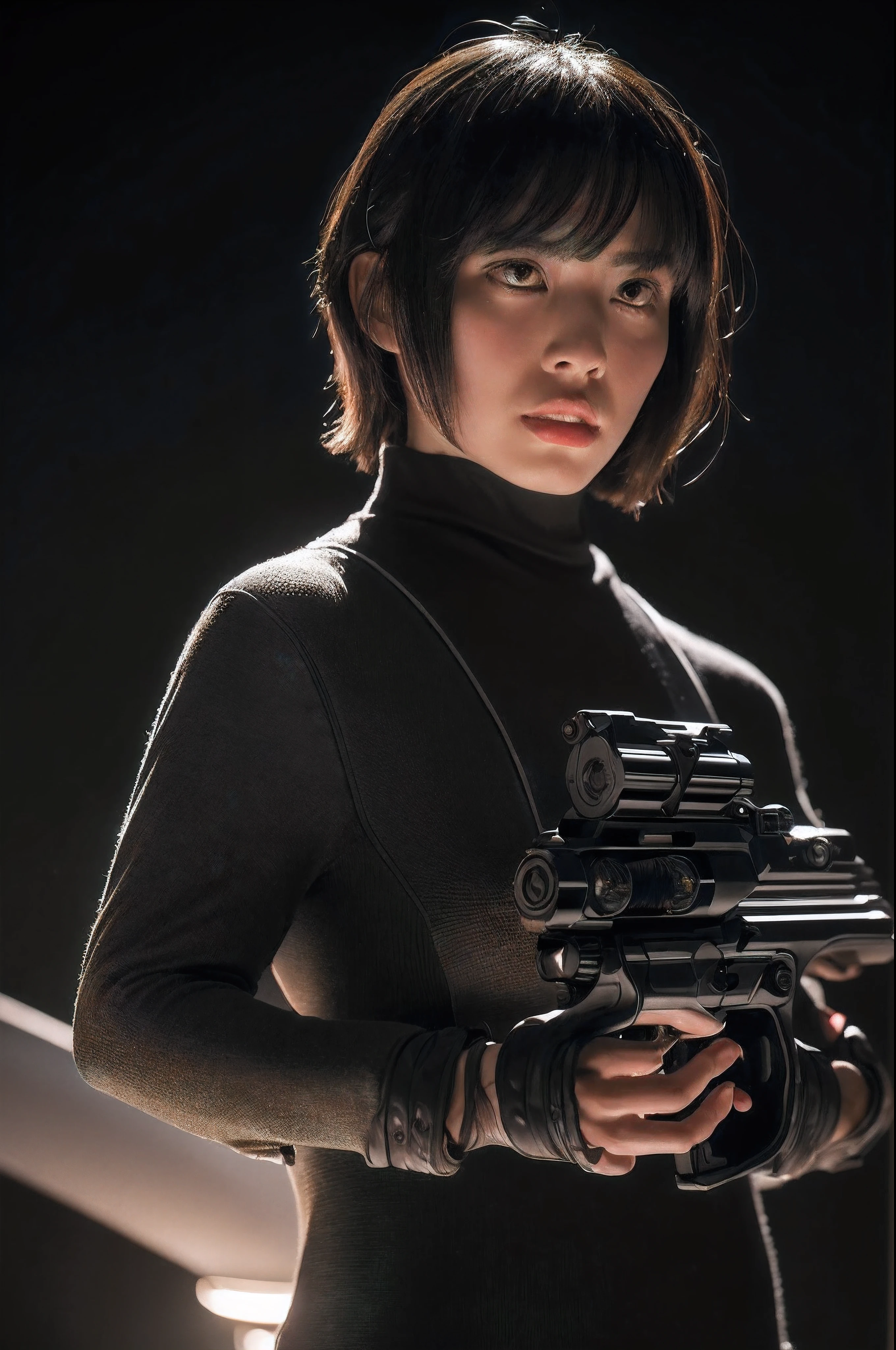 high quality, best quality, masterpiece, extremely fine and beautiful and detailed, professional photograph, extremely beautiful face, appropriate lighting,
ghost in the shell, beautiful girl, dynamic move, detailed black body light armor, (aiming a detailed handgun to side,:1.5) frown and staring, at night city, short hair with short ponytail,