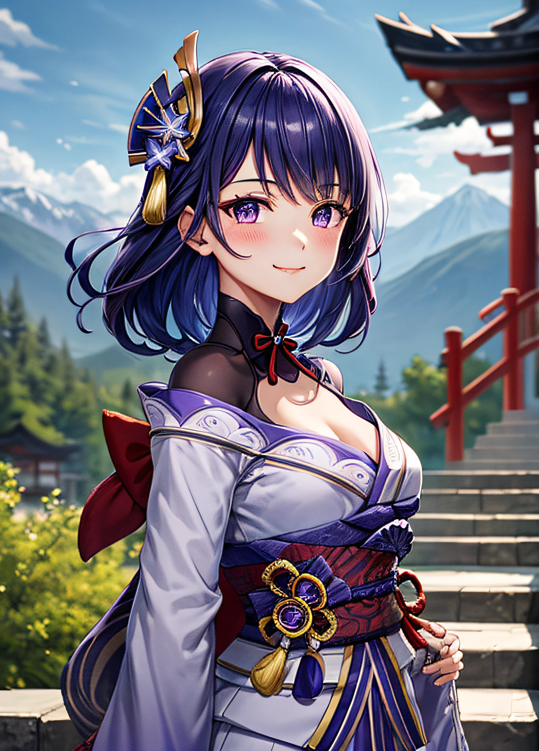 raidenshogundef, upper body, smile, blush, outdoors, day, simple background, blue sky, short hair, sky, temple, looking at viewer, stairs, mountain, moody lighting, facing viewer,