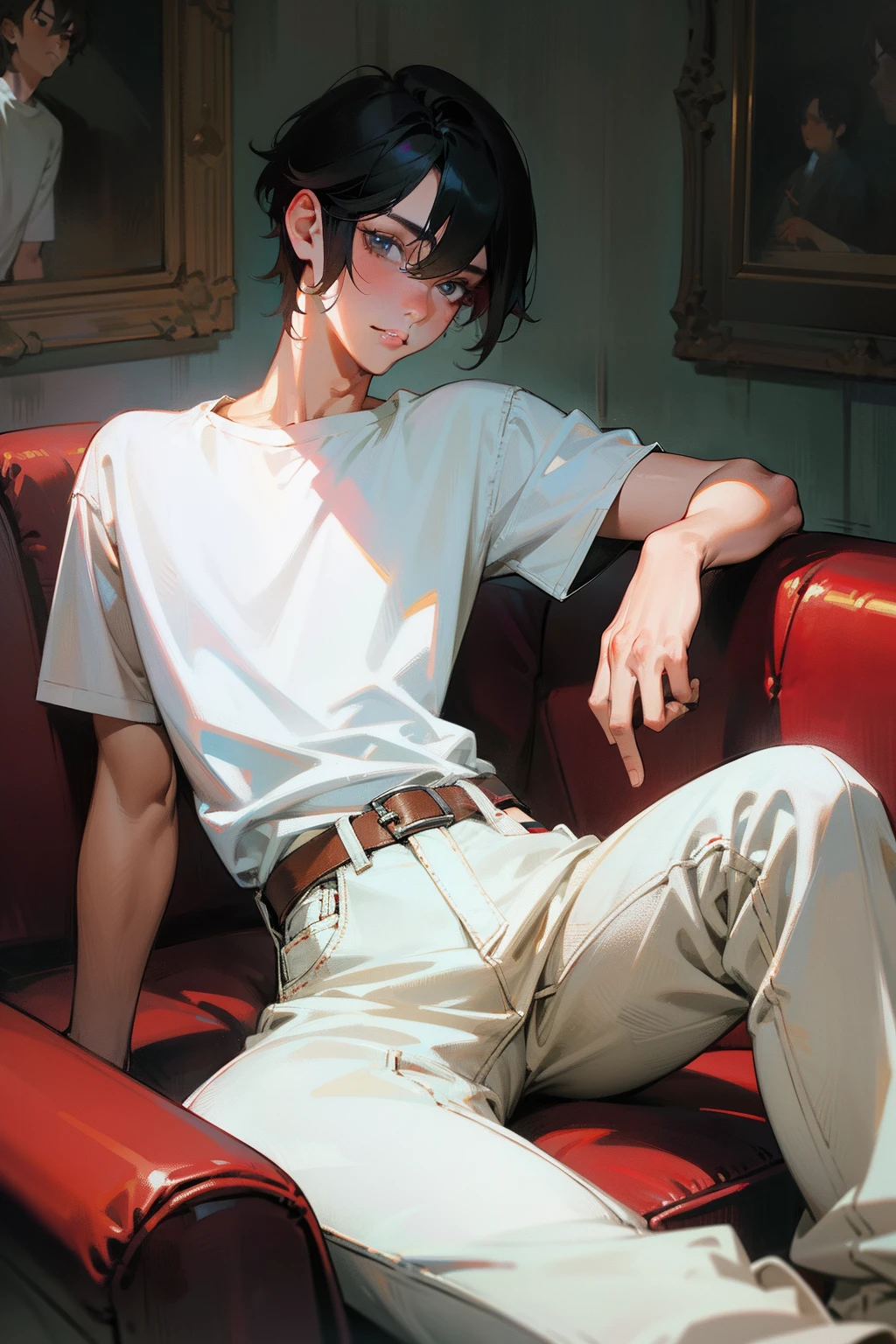tmasterpiece,Need,Boys are needed,Extremely handsome,Need,White T-shirt,denim pant,super-fine,Need,Need,with short black hair,damp hair,short detailed hair,eyes with brightness,tall nose bridge,Thin lips,looking at viewert,A high resolution,Need,Libido boy,Need,illustratio, college aged,Young,juvenile sense,diskette,Cold,sitted,Red sofa,canvas, oil painted, Realistic, Realist,Real,