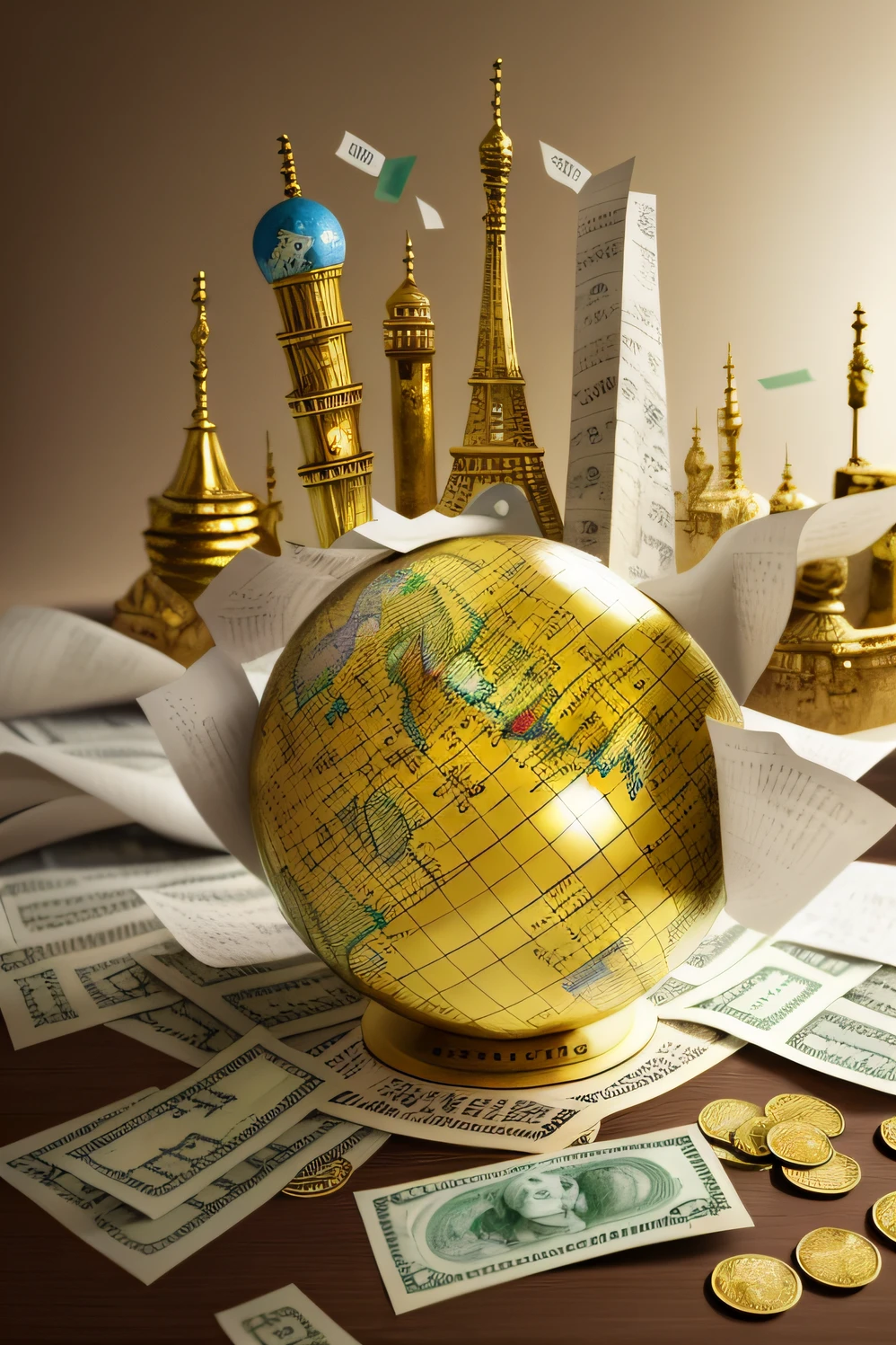 arafed image of a globe with money and a lot of money, world building, by Alexander Kucharsky, around the world, stefan koidl, by Kurt Roesch, by John Moonan, by Jason Benjamin, inspired by Kurt Wenner, the world, by Jakob Gauermann, by David G. Sorensen, by Arthur Pan
