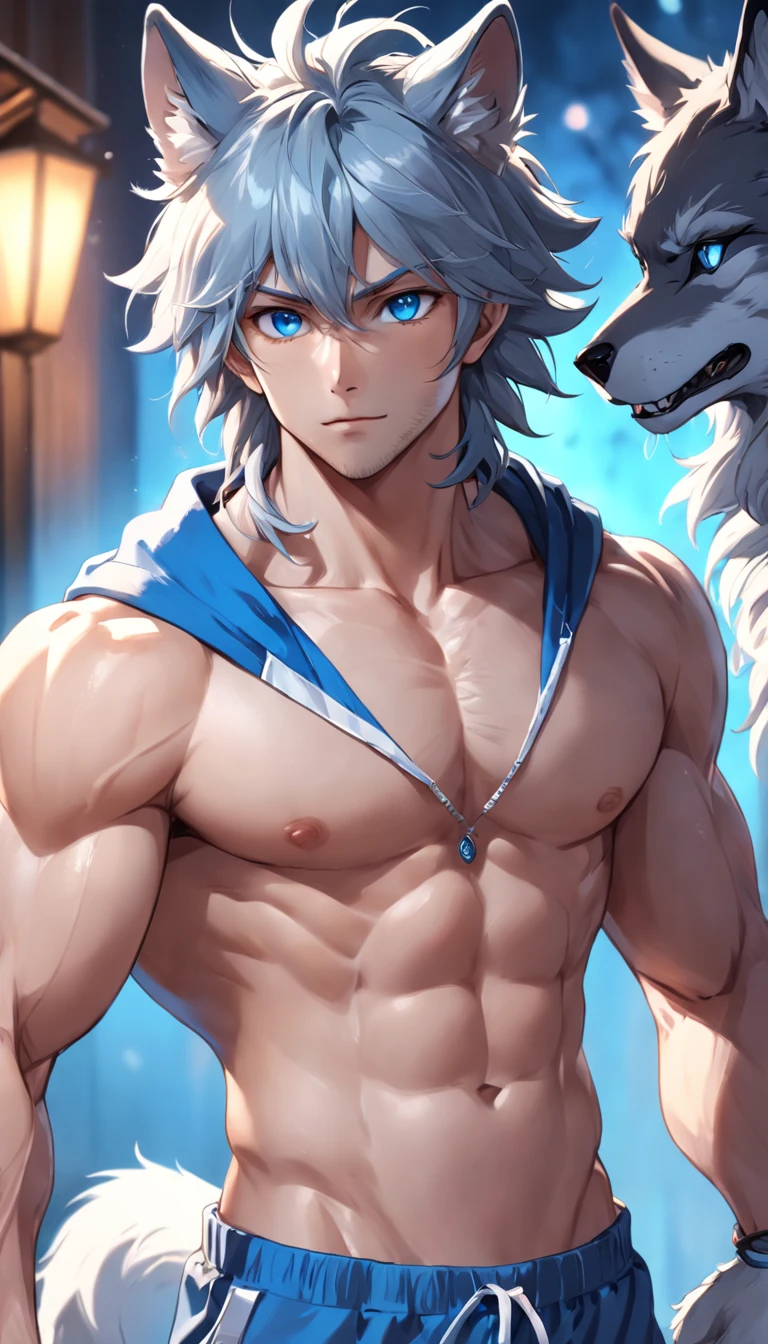 4K, high resolution, Best quality, Masterpiece, perfect colors, perfectly shaded, Perfect lighting, posted on e621, (by Chunie), Furry, anthro, Furry art, ((Portrait)), Male wolf, gray wolf, (two-toned fur), hairy bodies, Blue eyes, (Seductive look:1.2), fit body, perfect male figure, Wear men's shorts,Abs，musculature,Detailed fur, Detailed face, Perfect face, (The stands up), Detailed background, ((Bonifasko lighting)), Wolf tail, (Detailed eyes), perfect pupils