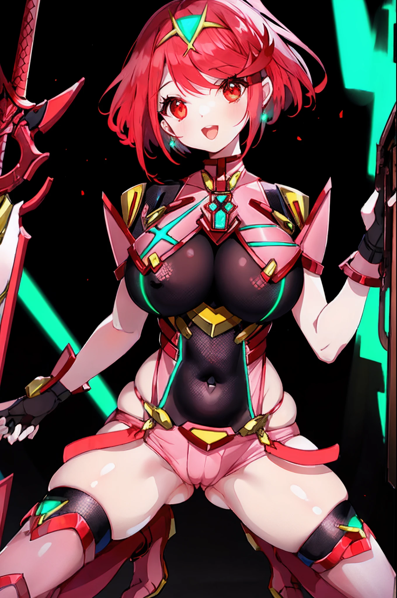 pyra \(xenoblade\), _1girl, lolimor, bangs, black gloves, breasts, red eyes, light_open_mouth, earrings, eyelashes, fingerless gloves, floating hair, framed breasts, gem, gloves, hair ornament, headpiece, jewelry, big_breasts, leaning back, leotard, neon trim, official art, pose, red hair, red shorts, saitou masatsugu, short hair, short shorts, short sleeves, shorts, sidelocks, skin tight, solo, swept bangs, thighhighs, tiara, fantasy_town_background, turtleneck, underbust, vambraces, xenoblade chronicles \(series\), (xenoblade chronicles 2), (spread_legs:1.1), fire_effect,dynamic_pose,fighting,light_smile, (plump:1.4), big_ass,huge_sword, hold_large_sword_hilt, covered_nipples, (covered_pussy:1.2),cameltoe,back_view, fists,ponytail,plump,beautiful_fingers,(solo:1.1)