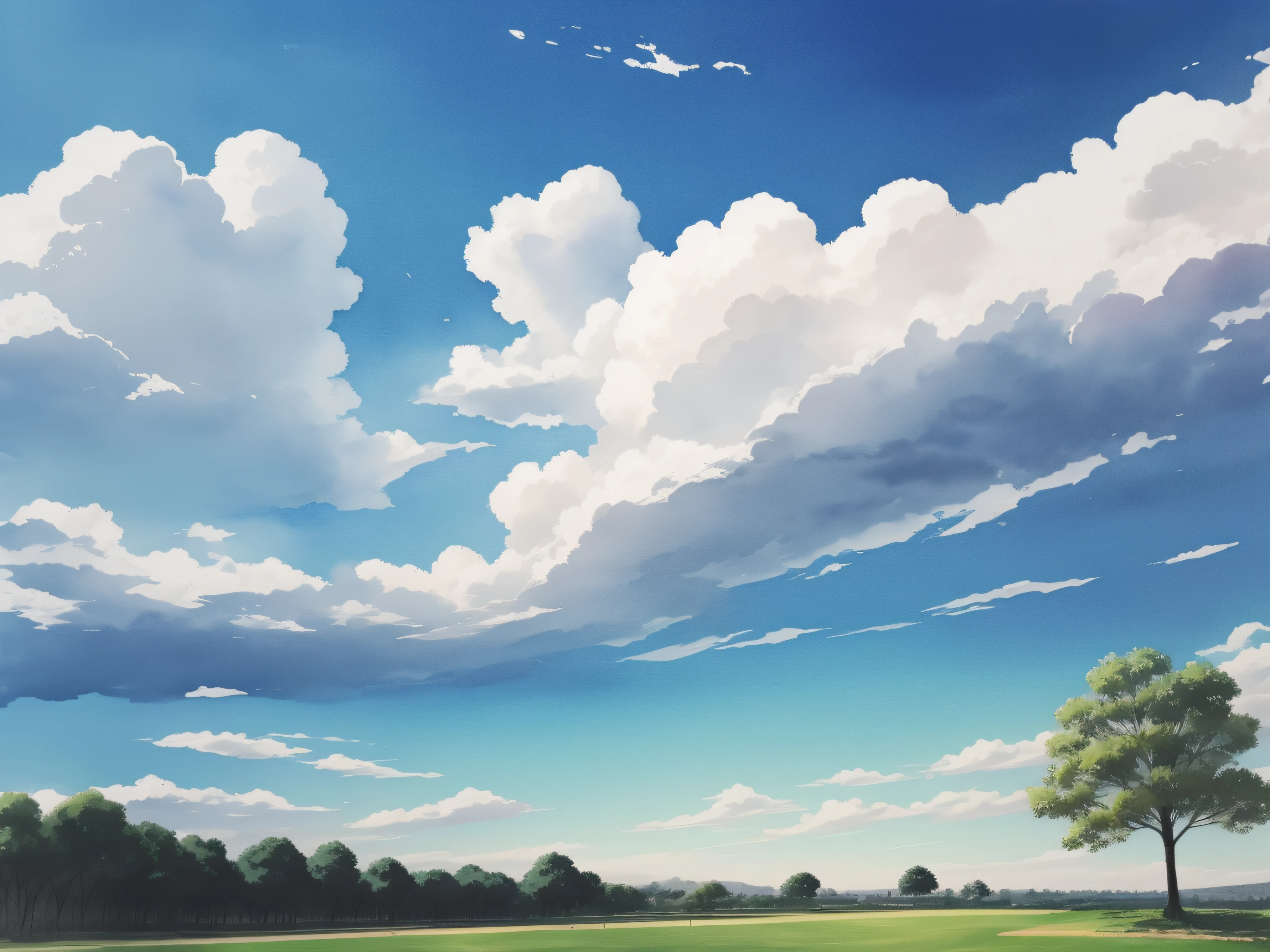 Sky and clouds drawn with brush。during daytime。Brush texture remains。The tree is on the edge。a park。watercolor paiting。Less clouds。