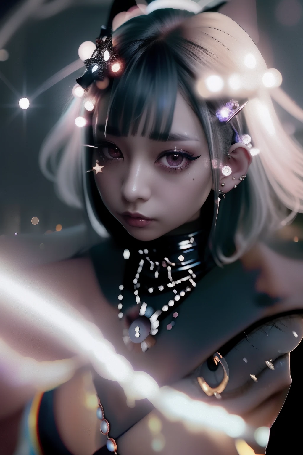 fiery eyes、bob cuts、Blunt bangs、(((A dark-haired))),eye glass、Lunette de soleil、piercings、Forehead、Blunt bangs、Eyebrows are visible、The bikini、goth_punk, 1girl in, 独奏, medium shot, Walking in Harajuku, ((during night)), bokeh dof, Neon light, Iridescent eyes, starrysky, White shiny hair, White eyebrows, Radiant hair, (iridescent white hair), 耳Nipple Ring, bangss, jewely, masks, bluntbangs, verd s eyes, Mouth mask, blurry backround, bblurry, hair adornments, Look at viewers, shorth hair, portraitures, side locks