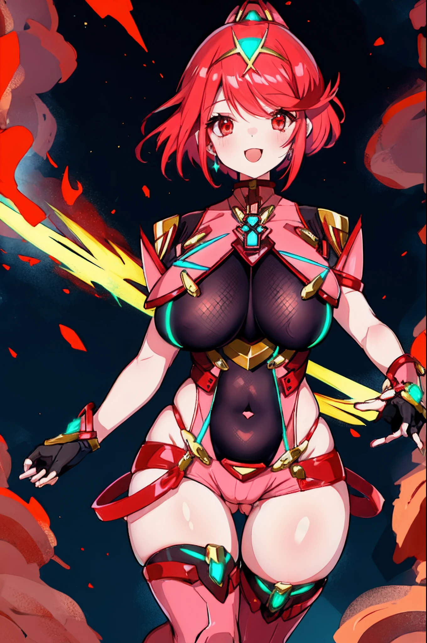 pyra \(xenoblade\), _1girl, loliarmor, bangs, black gloves, breasts, red eyes, light_open_mouth, earrings, eyelashes, fingerless gloves, floating hair, framed breasts, gem, gloves, hair ornament, headpiece, jewelry, big_breasts, leaning back, leotard, neon trim, official art, pose, red hair, red shorts, saitou masatsugu, short hair, short shorts, short sleeves, shorts, sidelocks, skin tight, solo, swept bangs, thighhighs, tiara, fantasy_town_background, turtleneck, underbust, vambraces, xenoblade chronicles \(series\), (xenoblade chronicles 2), (spread_legs:1.1), fire_effect,dynamic_pose,fighting,light_smile, (plump:1.4), big_ass,huge_sword, hold_large_sword_hilt, covered_nipples, (covered_pussy:1.2),cameltoe,back_view, fists,ponytail,plump,beautiful_fingers,(solo:1.1)