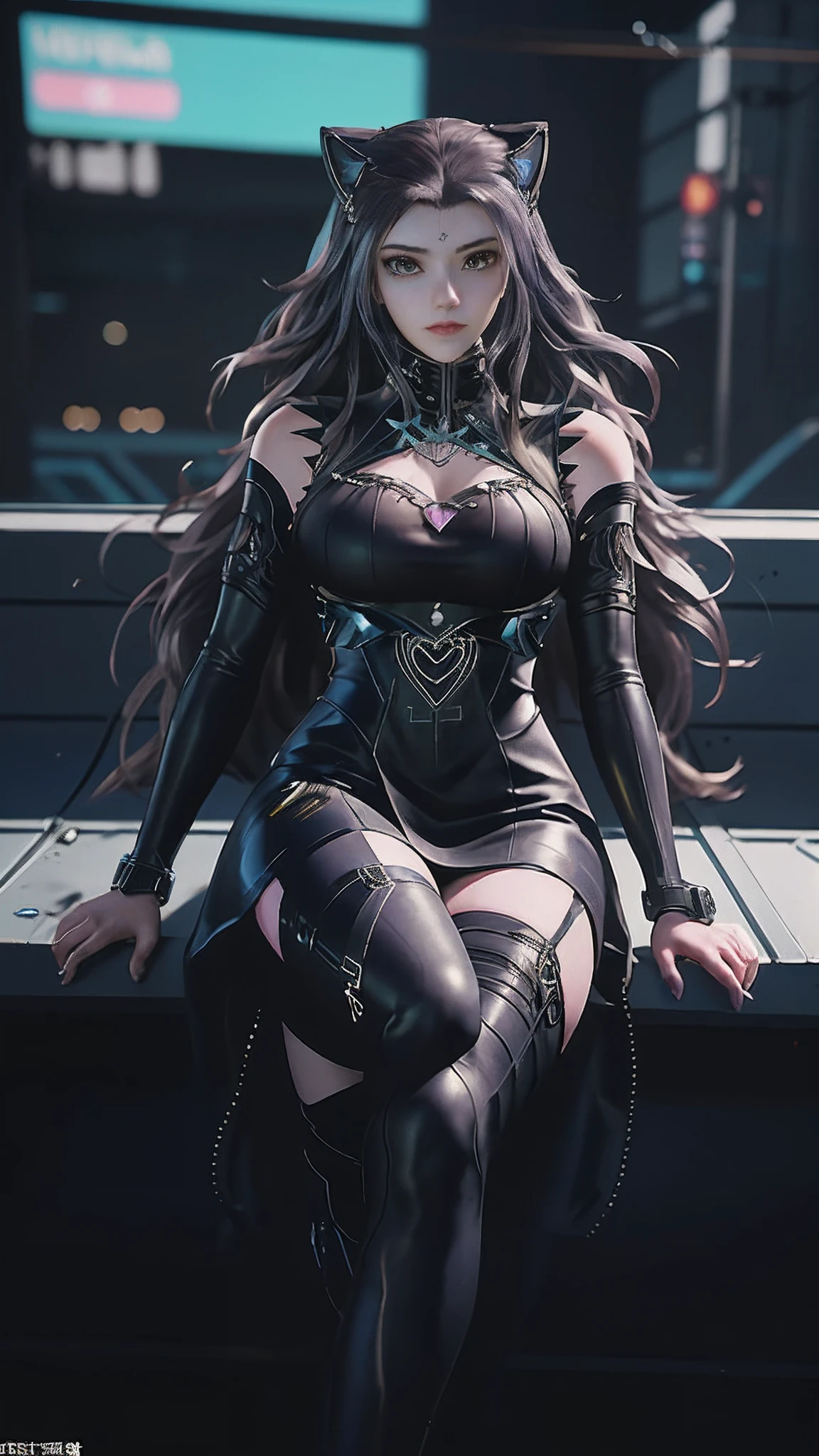 There is a woman sitting on a chair,Wearing a cat's costume, cyberpunk anime girl, female cyberpunk anime girl, cyber school girl, Cyberpunk 2 0 y. o model girl, dreamy cyberpunk girl, Digital cyberpunk anime art, muted cyberpunk style, Cyberpunk costumes, anime cyberpunk art, trending on cgstation, cyberpunk anime girl mech, cyberpunk anime art, cyberpunk femme fatale