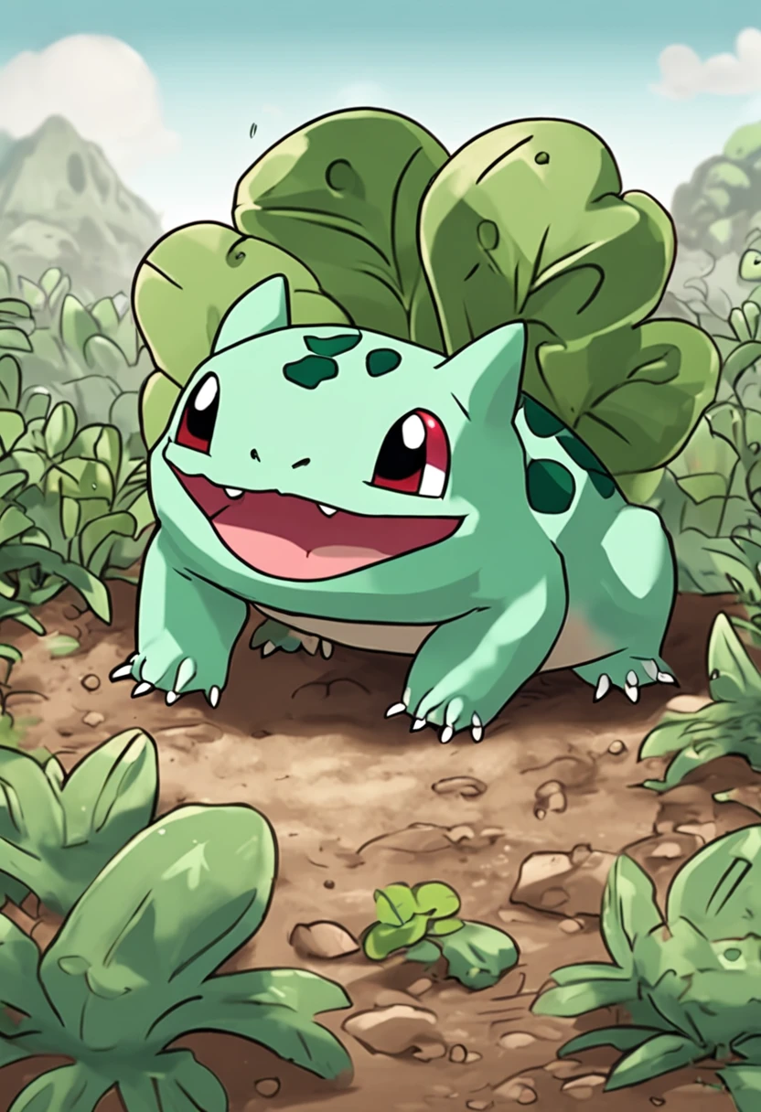 Bulbasaur Pokémon with big paws that could dig up a good amount of dirt that could be used to make mud pies, no meio da mata, landscape green coloration.