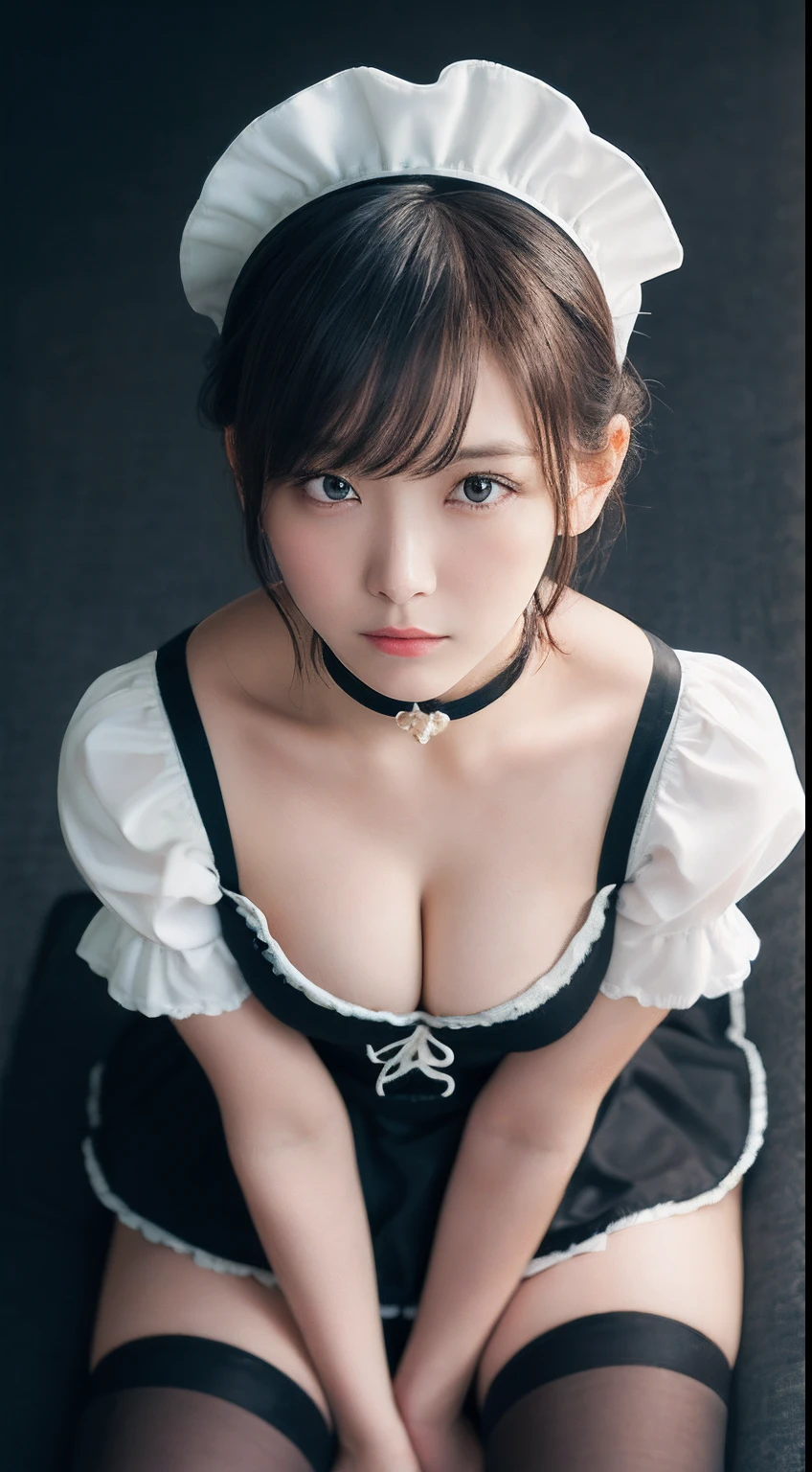 (masutepiece, Best Quality, Upper body, From  above, Straddling:1.5), Beautiful Girl, Pretty Face, gardeniass, 8K, EF 50mm, Official art, Raw photo, absurderes, warm color, (maid, Maid headdress, black thighhighs, zettai ryouiki, Short sleeves, Wrist cuffs, maid apronl, frilld, Choker, Puffy sleeves, cleavage, thighs thighs thighs thighs:1.4), Teary-eyed, sad, angry, downcast, slender, Small waist, Thin arms, Large breasts, Bedroom, No makeup, face lights, Soft lighting, flattering lighting, Film grain, chromatic abberation, Sharp Focus, natural, Candid, extremely detailed eye and face, (Dark background, Bokeh, Blurred background:1.1)