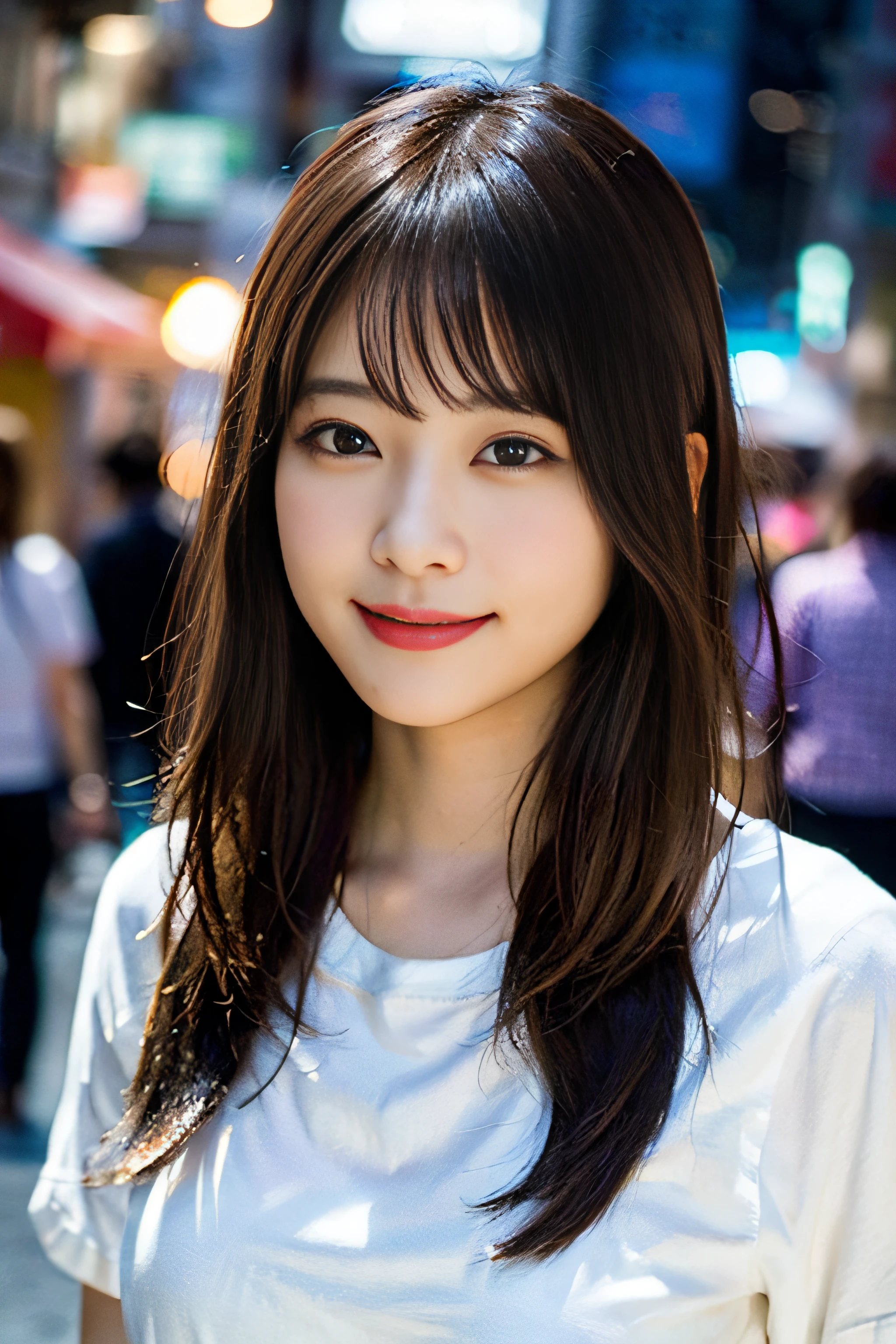 (8K、Raw photography、top-quality、masterpiece:1.2)、(realisitic、Photorealsitic:1.37)、ultra-detailliert、超A high resolution、1人、see the beholder、beautifull detailed face、A smile、Constriction、(Slim waist) :1.3)、Beautiful detailed skin、Skin Texture、Floating hair、Professional Lighting、Whole human body、Longhaire、a blond、Bob Hair、Happy smile、In the street、matsuri、dressed casually、white t-shirts
