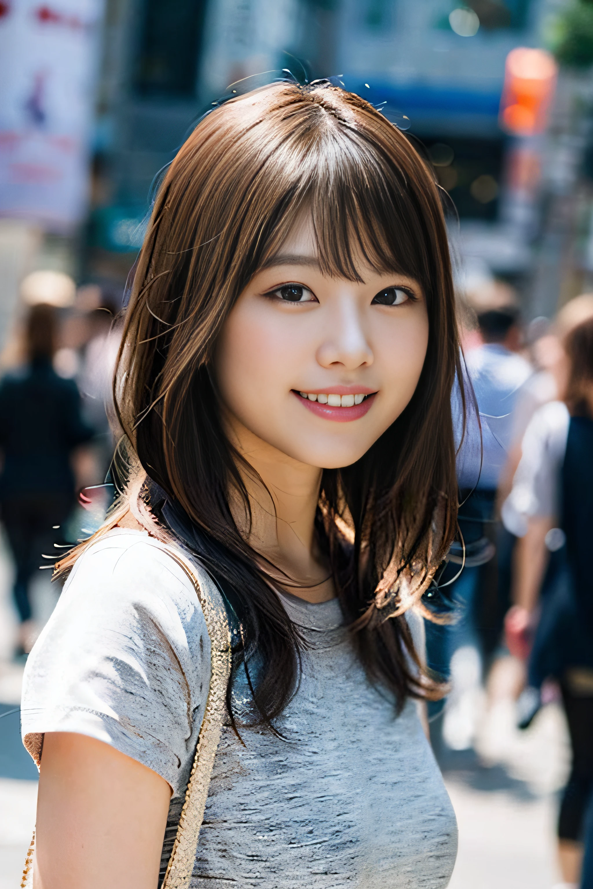 (8K、Raw photography、top-quality、masterpiece:1.2)、(realisitic、Photorealsitic:1.37)、ultra-detailliert、超A high resolution、女の子1人、see the beholder、beautifull detailed face、A smile、Constriction、(Slim waist) :1.3)、Beautiful detailed skin、Skin Texture、Floating hair、Professional Lighting、Whole human body、Longhaire、a blond、Bob Hair、Happy smile、In the street、matsuri、dressed casually、white t-shirts