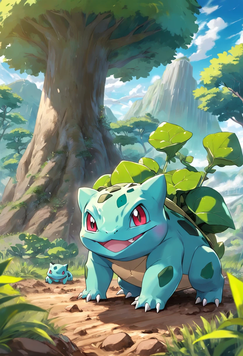 Bulbasaur Pokémon with big paws that could dig up a good amount of dirt that could be used to make mud pies, no meio da mata, landscape green coloration.