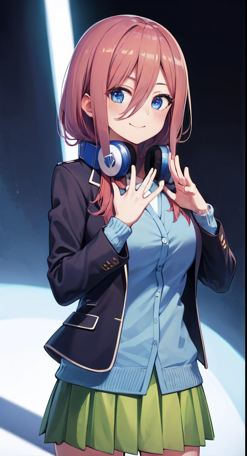 ​masterpiece, top-quality, Hi-Res, NM1, Headphones around the neck, 校服, long-sleeve, Blue cardigan, Green skirt, panthyhose, Black jacket, Open jacket, cowboy  shot, is standing,Fold your hands behind your back、A smile