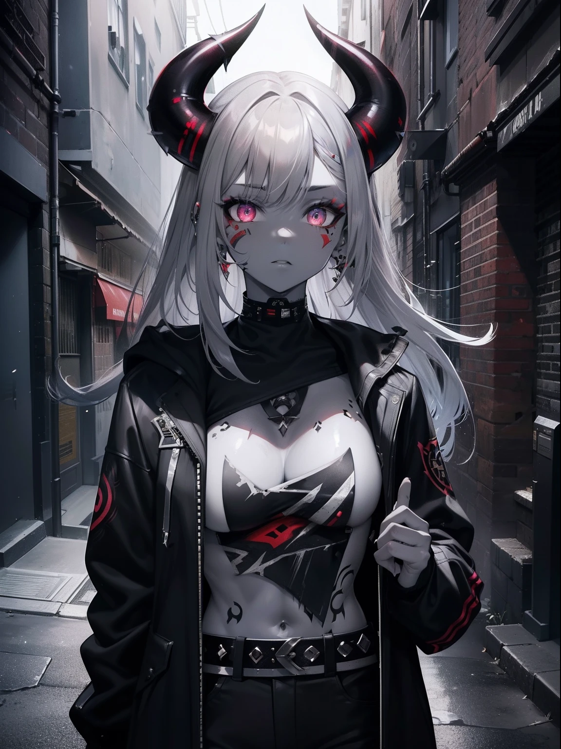 (Masterpiece, Best quality, ultra high resolution),1girl,redhead,oni horns,oni girl,face tattoo,(colored skin,grey skin,gray skin tone),black jacket,rock punk fashion, beautiful and detailed face, detailed eyes,in an alleyway,(grey theme)