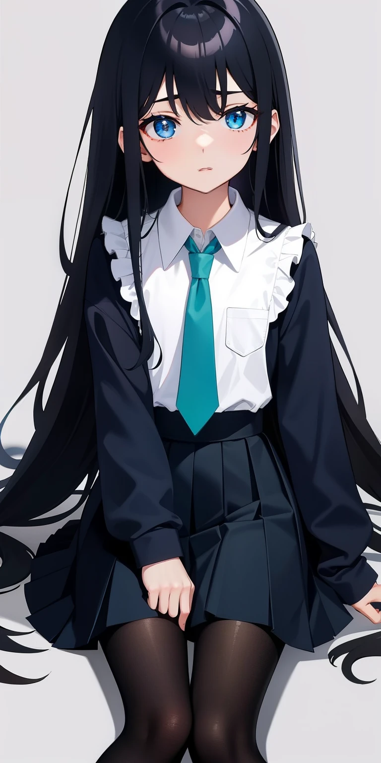 tmasterpiece、Need、Highest high resolution、Japanese high school girl、Three no girls、mano、leges、Petite、Small chest、Dark blue top、a black pleated skirt、The slender legs are wearing dark black pantyhose、ccurateblack hair、Long straight hair, Turquoise blue eyes、Background with、head portrait