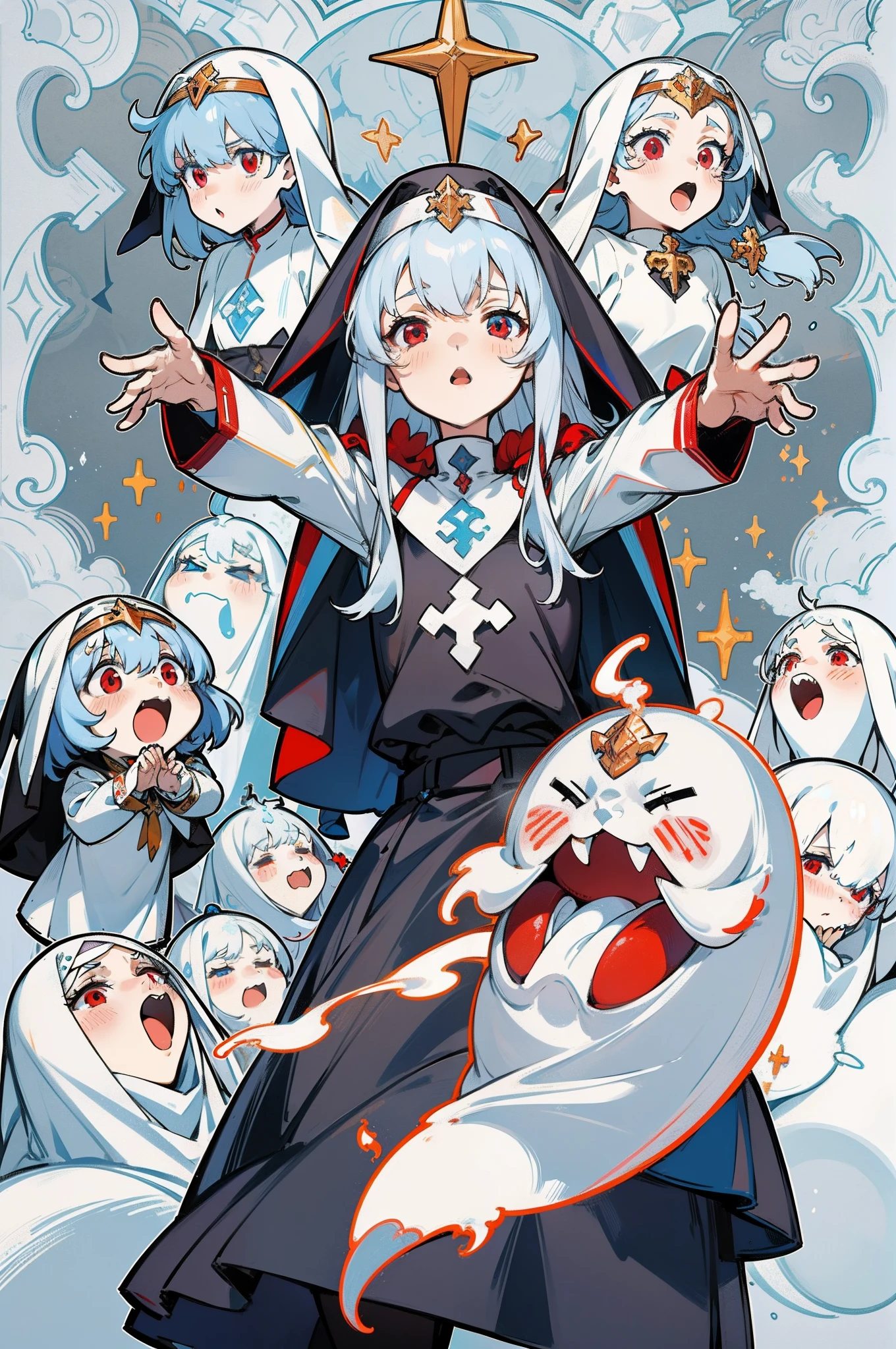 adolable,a beauty girl,Manteau blanc,lewd nun,cavalier,mechs,whaite hair,Cute ghosts,Solemn ghosts,Heteropupil,Red eyes,Blue eyes,Blue pick dye,Red pick dye,Exorcism,Long hair and waist,Open your mouth slightly,gentleness,Slender fingers
