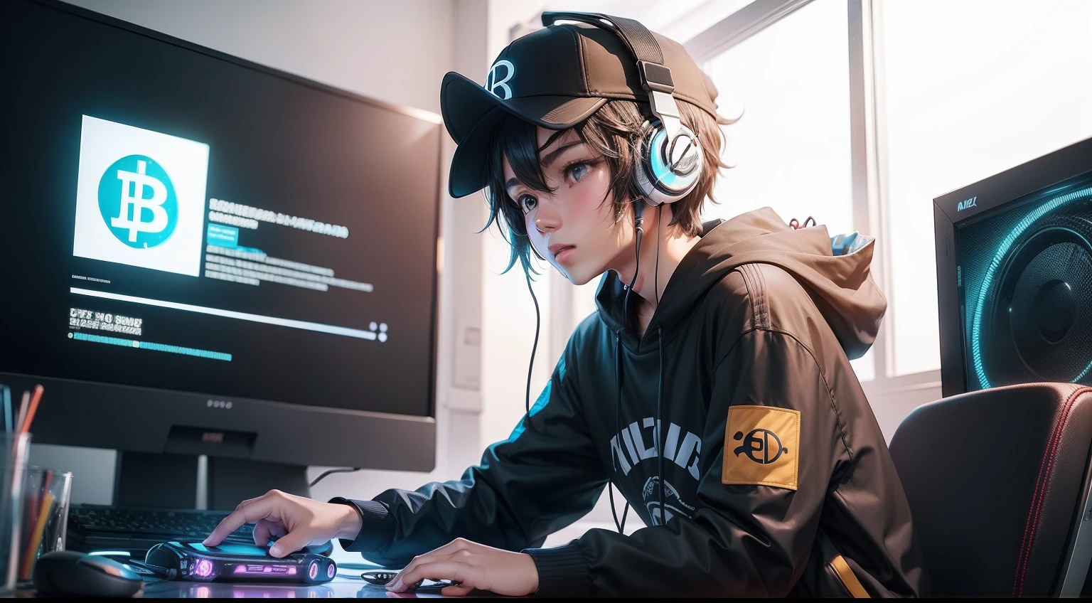 There's a streamer playing with a gaming computer and headphones, Arte estilo anime 2D, Menino com moletom e capuz, Estilo pokemln bitcoin, Digital anime illustration.