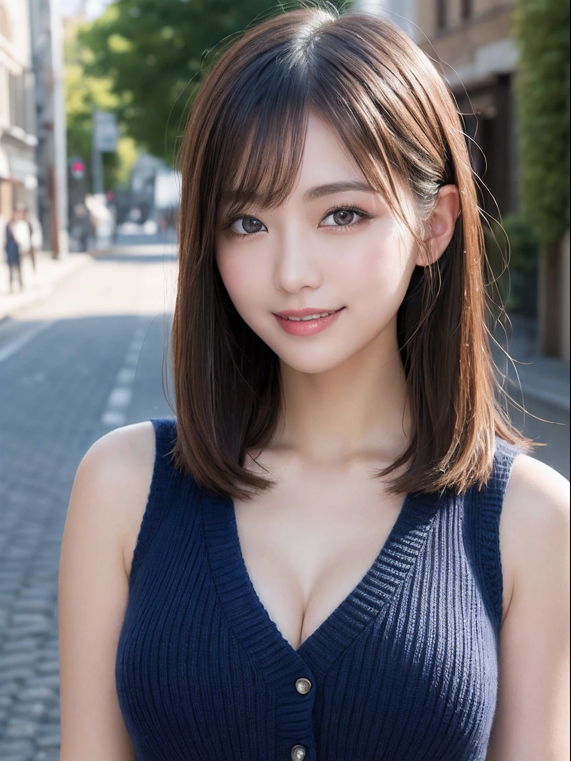 masutepiece, Best Quality, Illustration, Ultra-detailed, finely detail, hight resolution, 8K Wallpaper, Perfect dynamic composition, Beautiful detailed eyes, doress, mid-chest, Natural Color Lip, Random and sexy poses,Smile,Aoyama Street Walk、20 years girl、bobhair,Short hairstyle