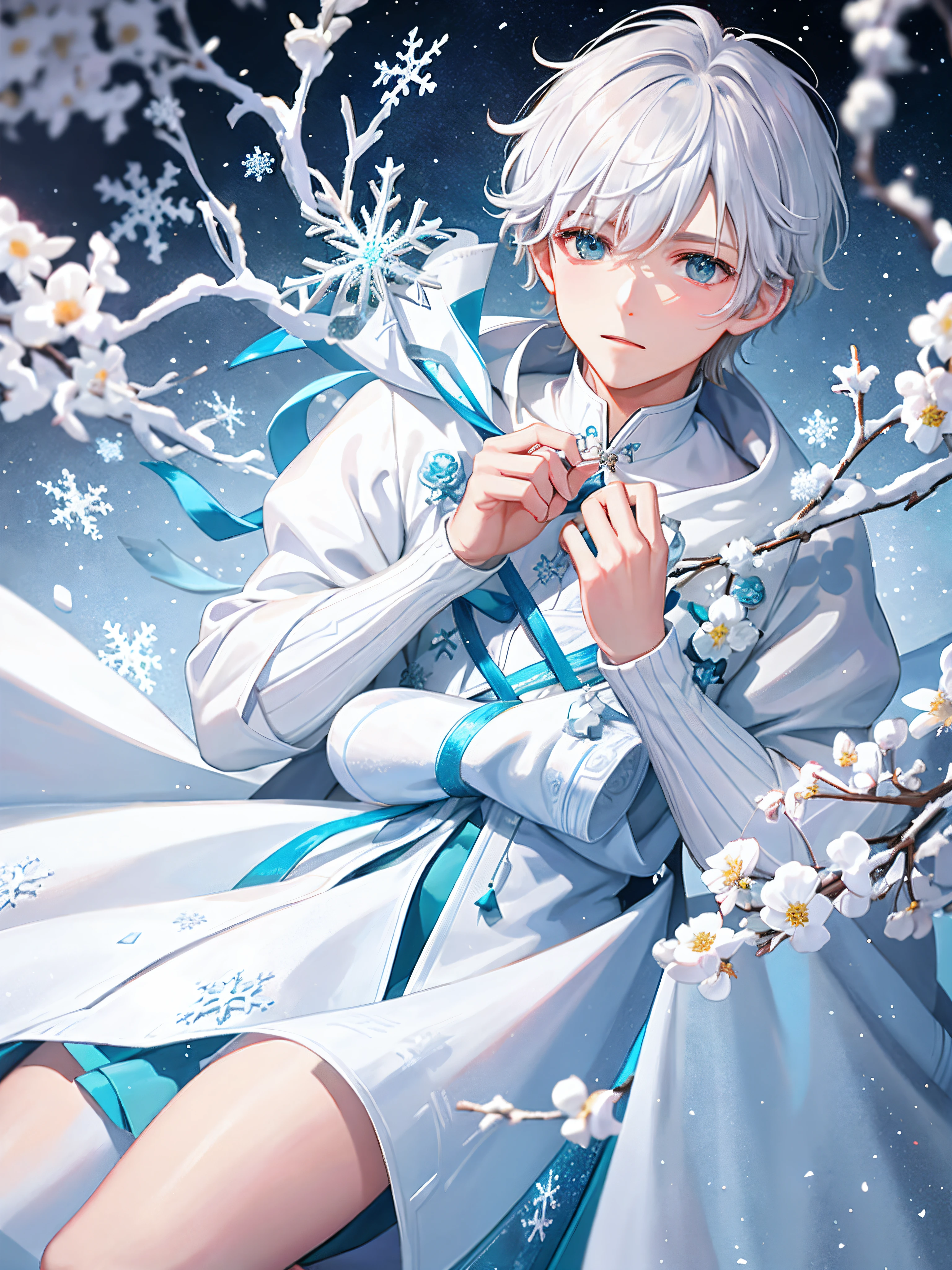 Old snowflake boy two-dimensional cute shota romantic snowflakes fluttering in the wind,Boy in the Snow,Handsome face,Light white and silver design,Pay attention to the texture of the skin and flowers,Sony FE 12-24mm F/2.8 gm,Impressionist garden,Proficient in calligraphy,eco-friendly craftsmanship,Brush stroke exploration