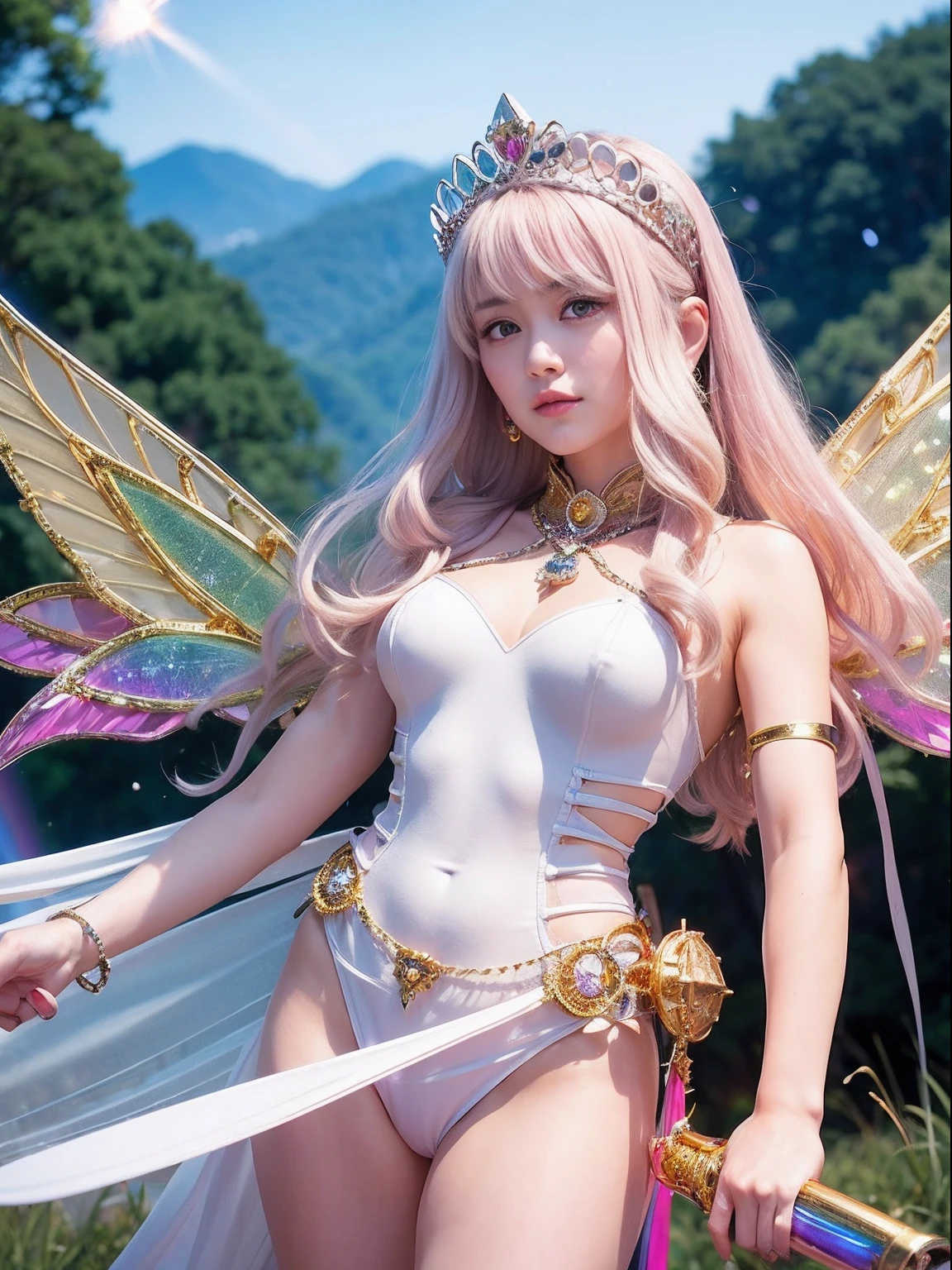 Professional , masterpiece、top-quality、photos realistic , depth of fields (Gemstone Silver Metal Body:1.9),(Matte White Pink、Jewel Gold Weapon、(Gorgeous castle background)、(ultimate beauty girl)、(Rainbow fairy wings grow)、Particles of light、(Metal body of iridescent gemstones:1.9),Gorgeous Jewel Metal Weapons , Detailed Sword of the Brave ,( a blond) , adepta sororitas,Detail and ornate jewel crown、独奏、Brown hair、Mystical expression、(Gangle's forest background)、Beautiful Caucasian beauty、1a person、dynamic ungle,(((Diamond tiara with detail and luxury)))、a small face、Beautiful poses、(Gorgeous castle background)、huge filesize、Beautiful girl 、Stand in the center of the screen、Thin female fingers、Straight long hair、Beautiful Caucasian beauty、(maikurobikini)、Hair fluttering in the wind、face forwards、Look at viewers、(Armpit)、Armpit、