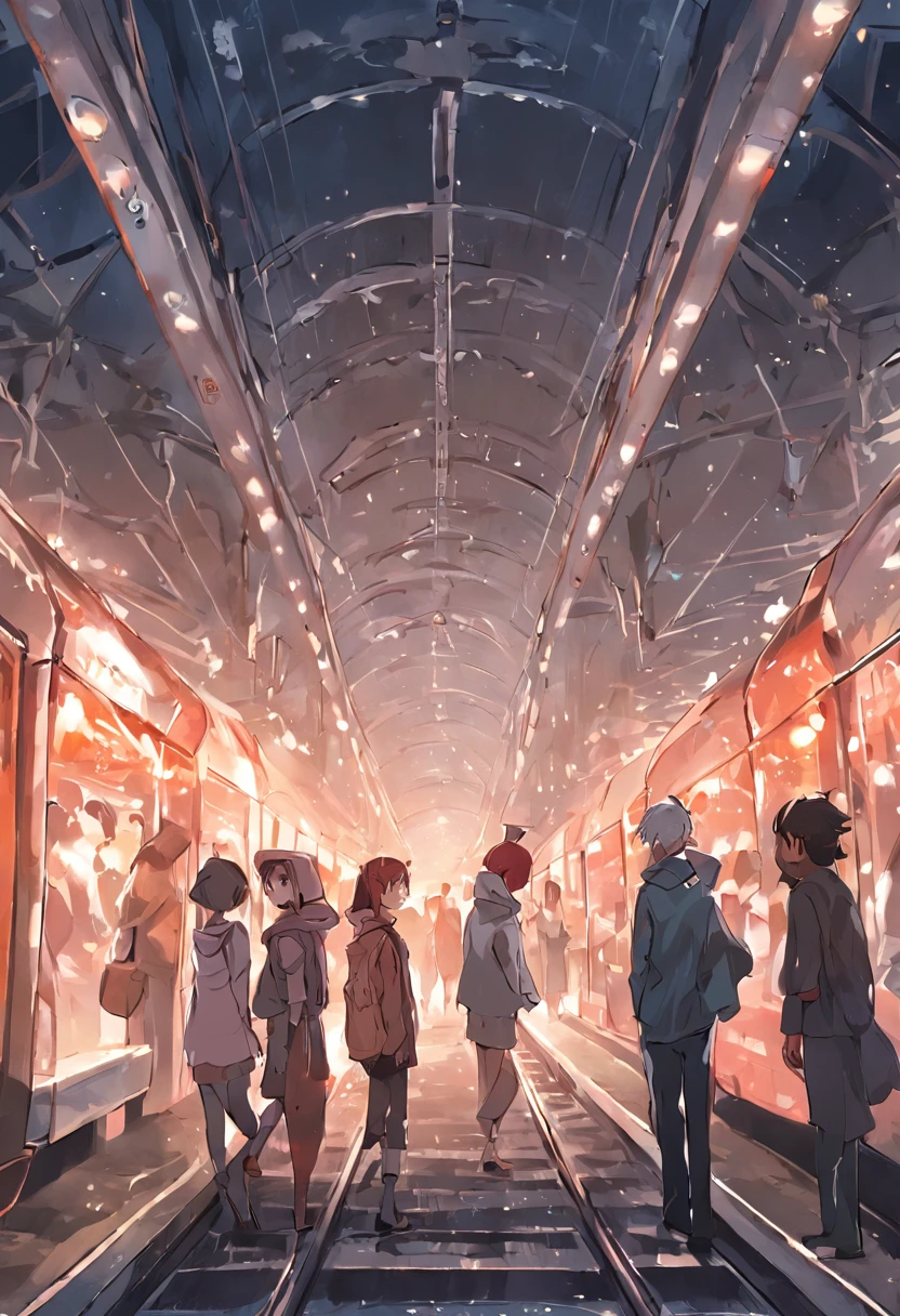 Draw people waiting for tickets at a train station,Convey order and respect(Don't be beautiful)