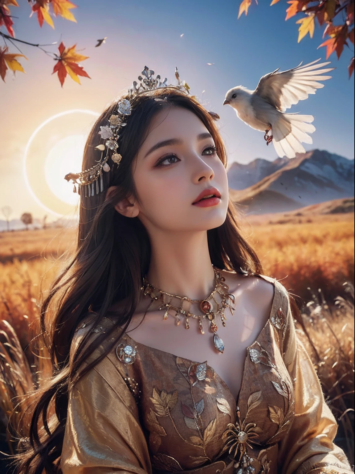 image of a woman with a bird flying over her head, beautiful art uhd 4 k, goddess of autumn, beautiful digital artwork, a beautiful artwork illustration, autumnal empress, beautiful digital illustration, jen bartel, beautiful digital art, very beautiful digital art, beautiful gorgeous digital art, stunning digital illustration, 8k stunning artwork, beautiful digital painting