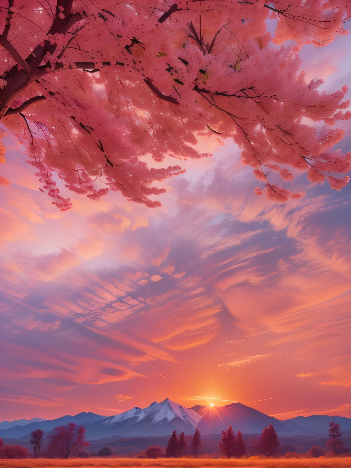 Cherry tree in front of mountain on sunset background, sunset glow, beautiful sunset glow, Vibrant sunrise, Cold sunset, pink golden hour, brilliant sunset, Red Pink Sunset, Sunrise colors, Pink sunset, pastel orange sunset, orange / Pink sky, Sunset color, Red sky, Sunset Red and Orange, Red sunset, Shades of pink sunset, Red and orange glow
