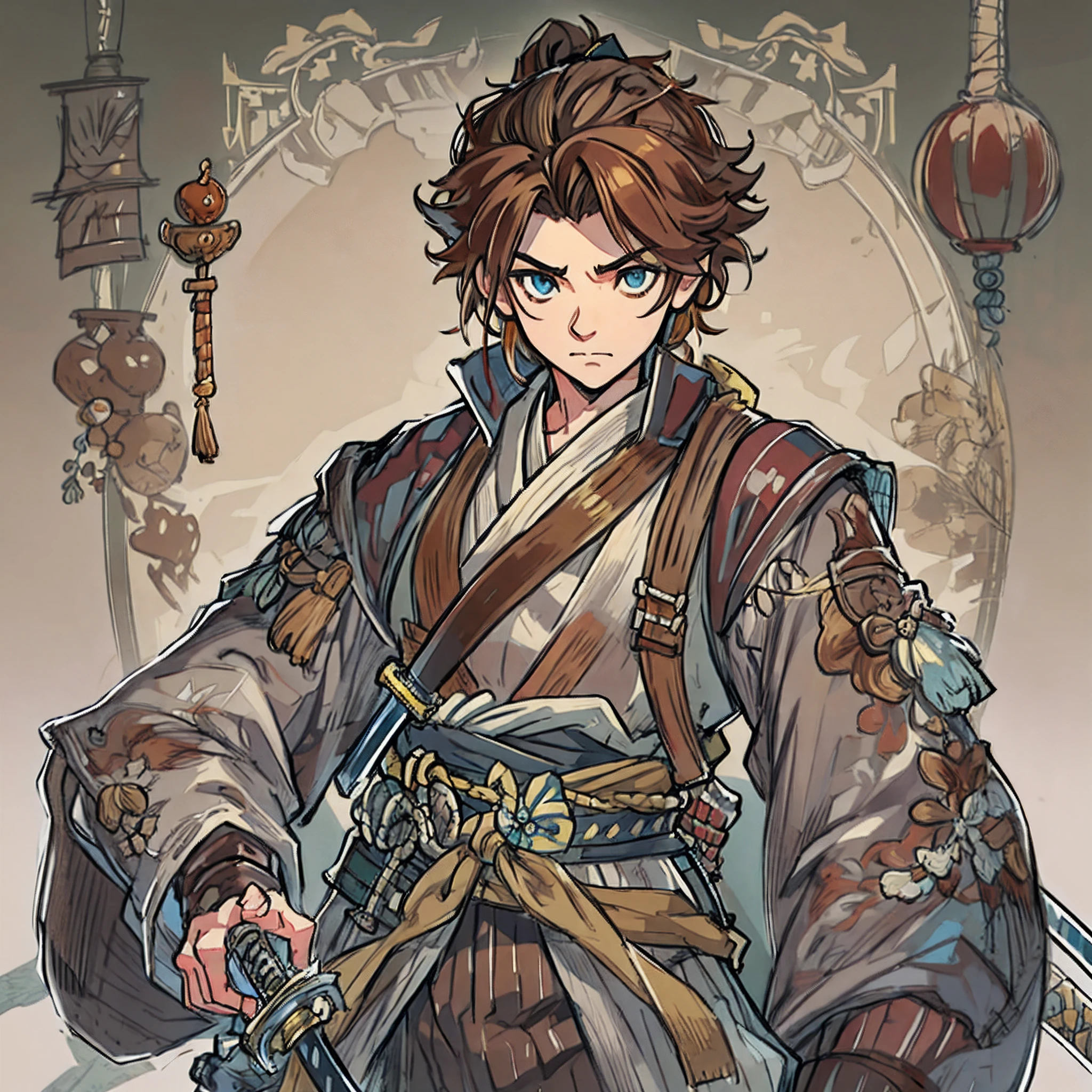 Game Art design, Octopath Traveler 2, 1boy, hikari ku, (solo:1.4), brown hair, ponytail, samurai warrior wearing a katana on his waist belt, japanese clothes with ornaments, yoroi, extremely detailed face and eyes, absurdes