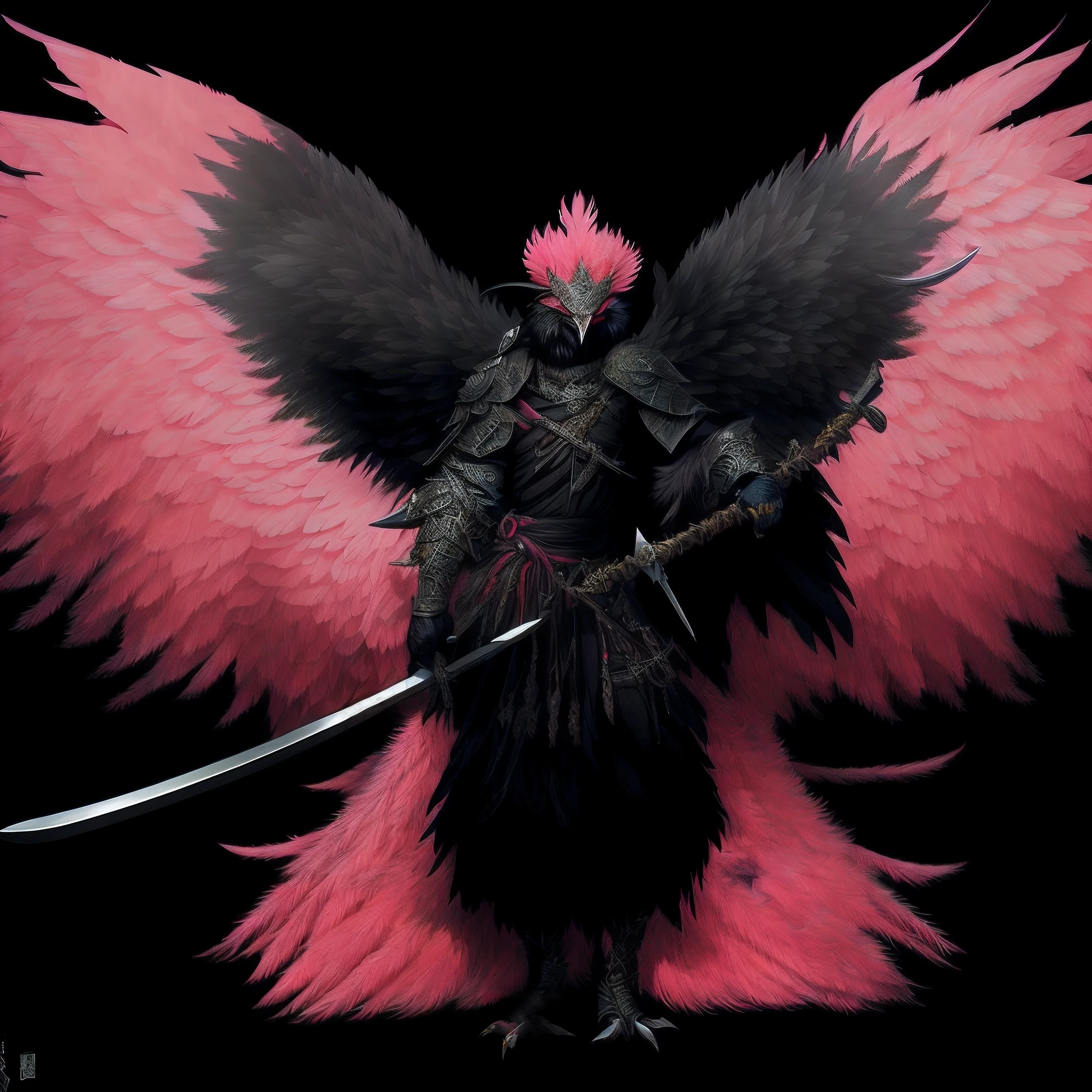Bird Tengu with pink feathers and a sword in its beak, black demonic Tengu warlord, Modelos de Yasuke 5 0 0 px, avian warrior, masami kurumada, as a badass monster hunter, a phoenix, Pheasant holding a sword, asas de penas escuras, Chega de Heroes Concept Art, Tengu, asas enormes de penas