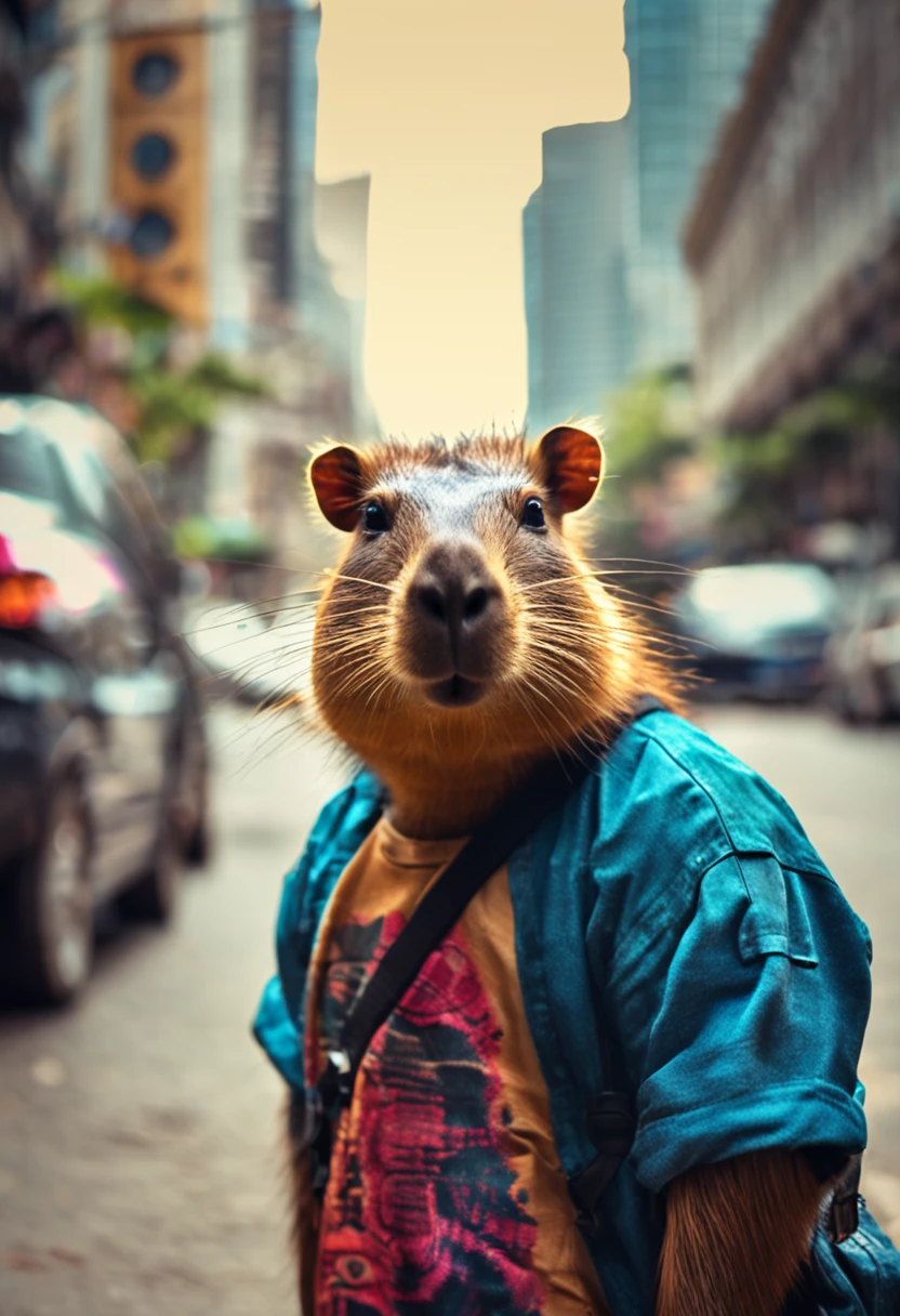 Capybara in sunglasses and headset walking the streets of São Paulo