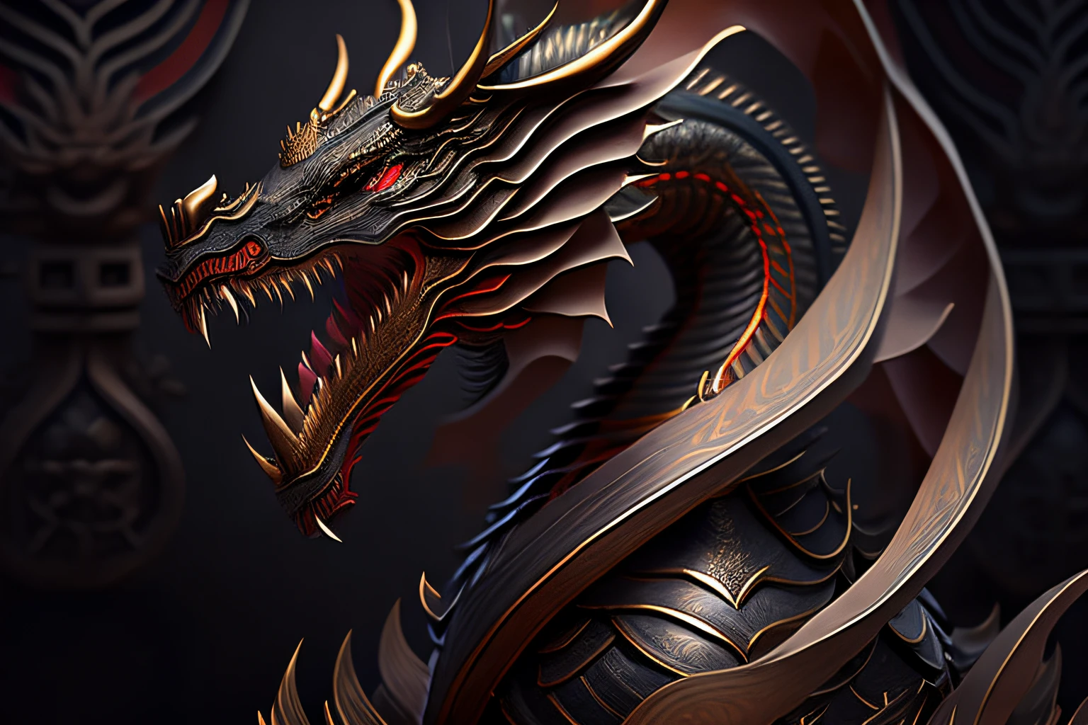 Handsome Chinese dragon full body picture,Jordan Nelson and Shen Mingchen. trending on artstationh. Black scales . lighting, Epic, 8K, Highly detailed, Centered, symetry, picure, Intricate, voluminetric lighting, Beautiful, rich deep colors masterpiece, Sharp focus, Ultra detailed, in the style of dan mumford and marc simonetti, astrophotography