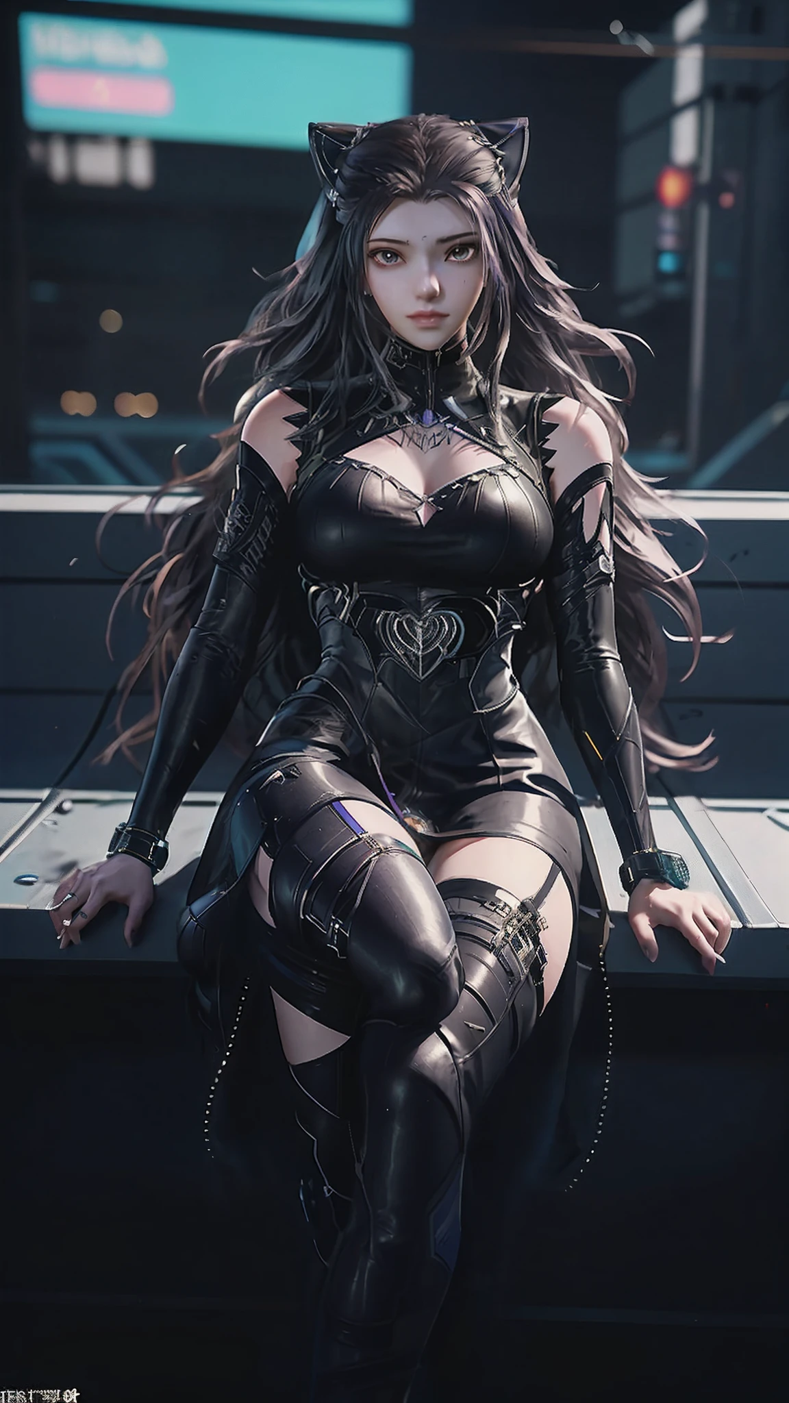 There is a woman sitting on a chair，Wearing a cat's costume, cyberpunk anime girl, female cyberpunk anime girl, cyber school girl, Cyberpunk 2 0 y. o model girl, dreamy cyberpunk girl, Digital cyberpunk anime art, muted cyberpunk style, Cyberpunk costumes, anime cyberpunk art, trending on cgstation, cyberpunk anime girl mech, cyberpunk anime art, cyberpunk femme fatale