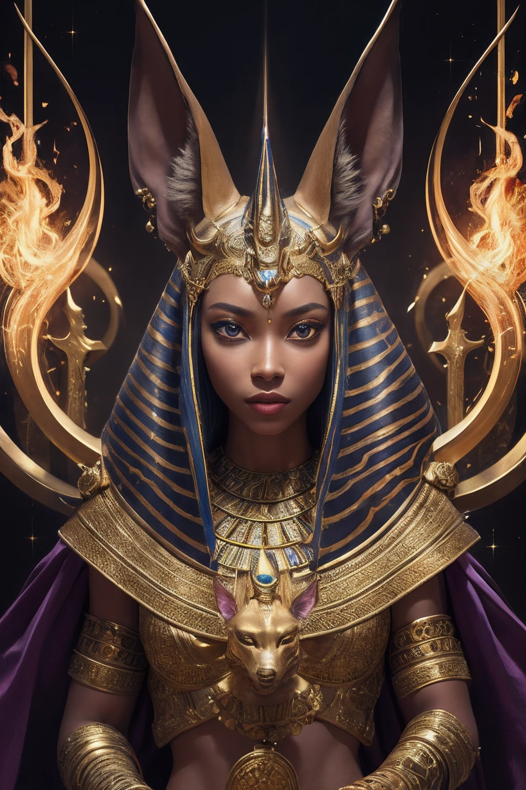 1girl, portrait of female godanubis with jackal head in front altar, swirl of fire, aura, magic, sparks, magic astral, ornate