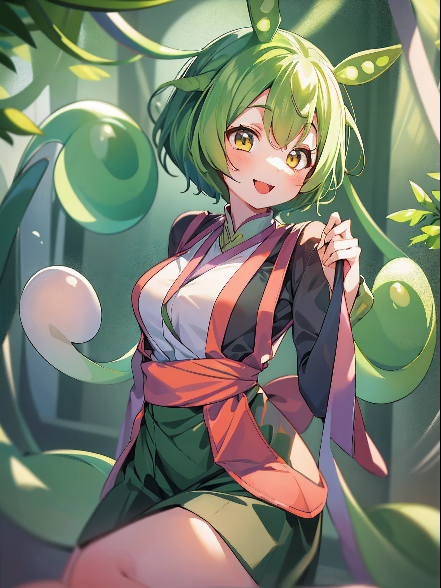 a beauty girl，Mixed yellow-green and yellow hair，short hair and wavy、Gentle drooping eyes，large full breasts、校服，Manga style，fulcolor，hi-school girl，Bright smile，Big smile、Childlike smile、innocent smiles