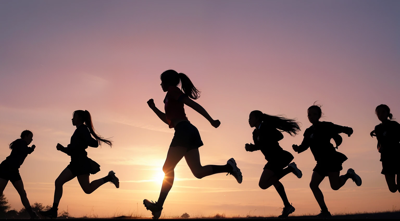 Photoquality Silhouette of many female football team member running in schoolyard at red sunset