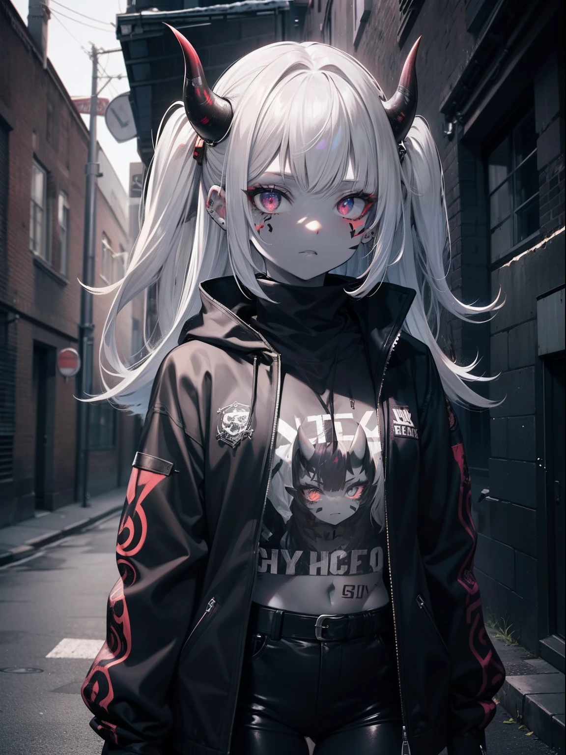 (Masterpiece, Best quality, ultra high resolution),1girl,redhead,oni horns,oni girl,face tattoo,(colored skin,grey skin,gray skin tone),black jacket,rock punk fashion, beautiful and detailed face, detailed eyes,in an alleyway,(grey theme)