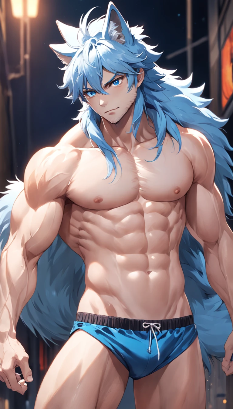 4K, high resolution, Best quality, Masterpiece, perfect colors, perfectly shaded, Perfect lighting, posted on e621, (by Chunie), Furry, anthro, Furry art, ((Portrait)), Male wolf, gray wolf, (two-toned fur), hairy bodies, Blue eyes, (Seductive look:1.2), fit body, perfect male figure, Wear men's shorts,Abs,musculature,Detailed fur, Detailed face, Perfect face, (The stands up), Detailed background, ((Bonifasko lighting)), Wolf tail, (Detailed eyes), perfect pupils