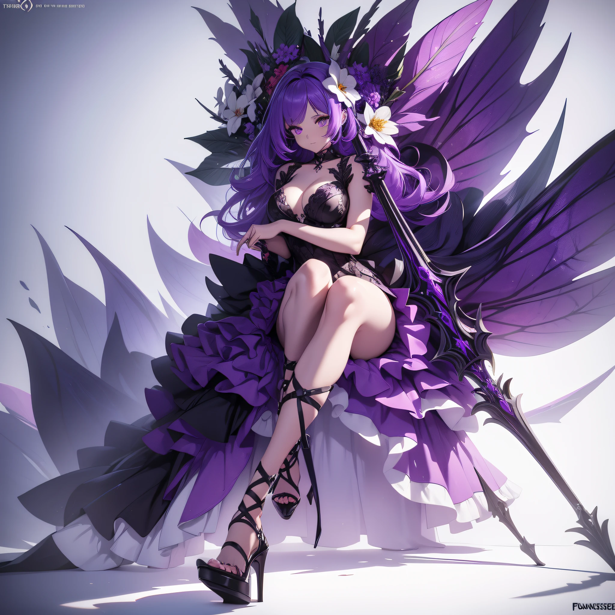 1 Female Monster, Chibi character, Purple skin, The body was covered in a poisonous flower, Have a big flower axe, High high heels, Loose purple dress, Fantasyart, Full-body view from head to toe, white backgrounid, Sufficient white space, 3d, in 8K, masutepiece, Best Quality,