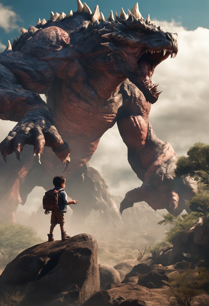 Content: A 10-year-old boy, named Yuuki, bravely facing a giant monster. In one hand, he is holding a stone, ready to throw it at any moment, and in the other hand, he is holding a mysterious gem. The scene is set at the top of a wild, raging mountain.
Medium: Photography
Style: Ultra-realistic, high contrast, HDR
Lighting: Cinematic light, diffuse back-lighting
Colors: Dark rich colors
Composition: Canon EOS 5D Mark IV DSLR camera, EF 50mm f/1.8 STM lens, Resolution 30.4 megapixels, ISO sensitivity: 32,000, Shutter speed 8000 second
--ar 16:9 --v 5.1 --style raw --q 2 --s 750