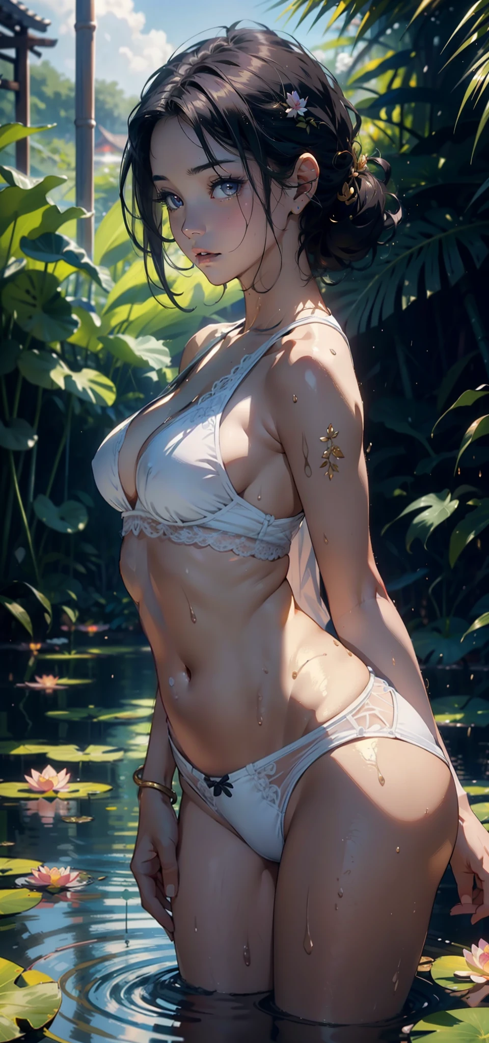 1female,Small ,Small breasts,独奏,(Background with:bamboo forrest,lotuses,lotus flower,exteriors,Lotus pond) She has short black hair,standing on your feet,Sweat profusely,drenched all over the body,seen from the front, hair straight, mostly cloudy sky,(((tmasterpiece),(Very detailed CG unity 8K wallpaper),best qualtiy,cinmatic lighting,detailed back ground,beatiful detailed eyes,Bright pupils,Black eyes,(Very fine and beautiful),(Beautiful and detailed eye description),ultra - detailed,tmasterpiece,)),facing at camera,A high resolution,ultra - detailed),revealing breasts,Bare genitalia, Bulge,legs are open,Raised sexy,Camel toes,Flushed complexion,Open-mouthed,frontage,india woman(Wearing:White transparent lace underwear,Gold wire embroidery,nakeness,Bare breasts,Bare lower body)Ancient Indian style