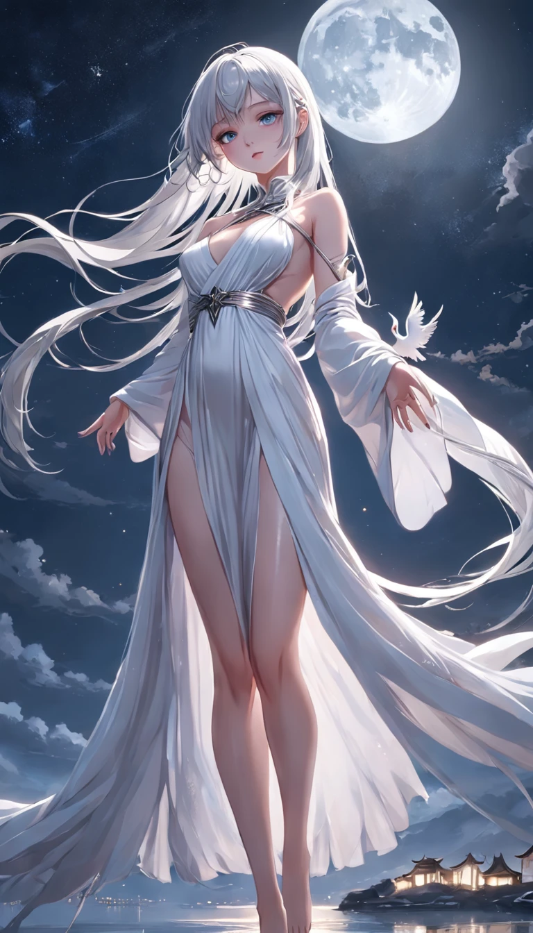(best qualtiy,tmasterpiece), Beautiful teenage girl, Beautiful goddess, Sexy goddess, magestic, Robe, white crane, salama, The right hand, A long flowing dress, Slender legs Silver hair, By bangs, Detailed scenes, the night, starrysky, cold light, full moon, ((black in color: 1.4)), ((white colors: 1.1)), ((From below)), ((Orkni shooting))), ((Realistic))
