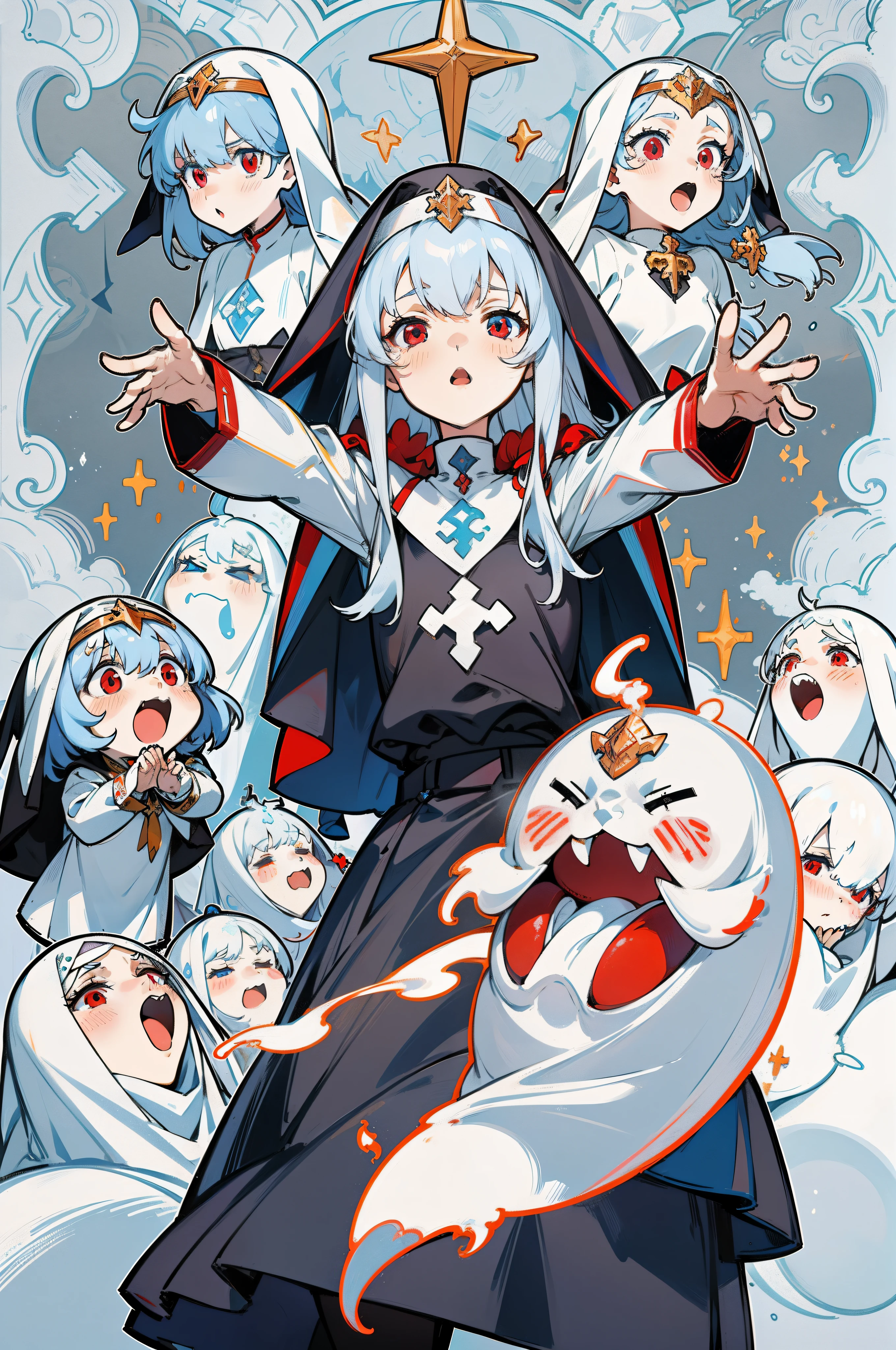 adolable,a beauty girl,Manteau blanc,lewd nun,cavalier,mechs,whaite hair,Cute ghosts,Solemn ghosts,Heteropupil,Red eyes,Blue eyes,Blue pick dye,Red pick dye,Exorcism,Long hair and waist,Open your mouth slightly,gentleness,Slender fingers
