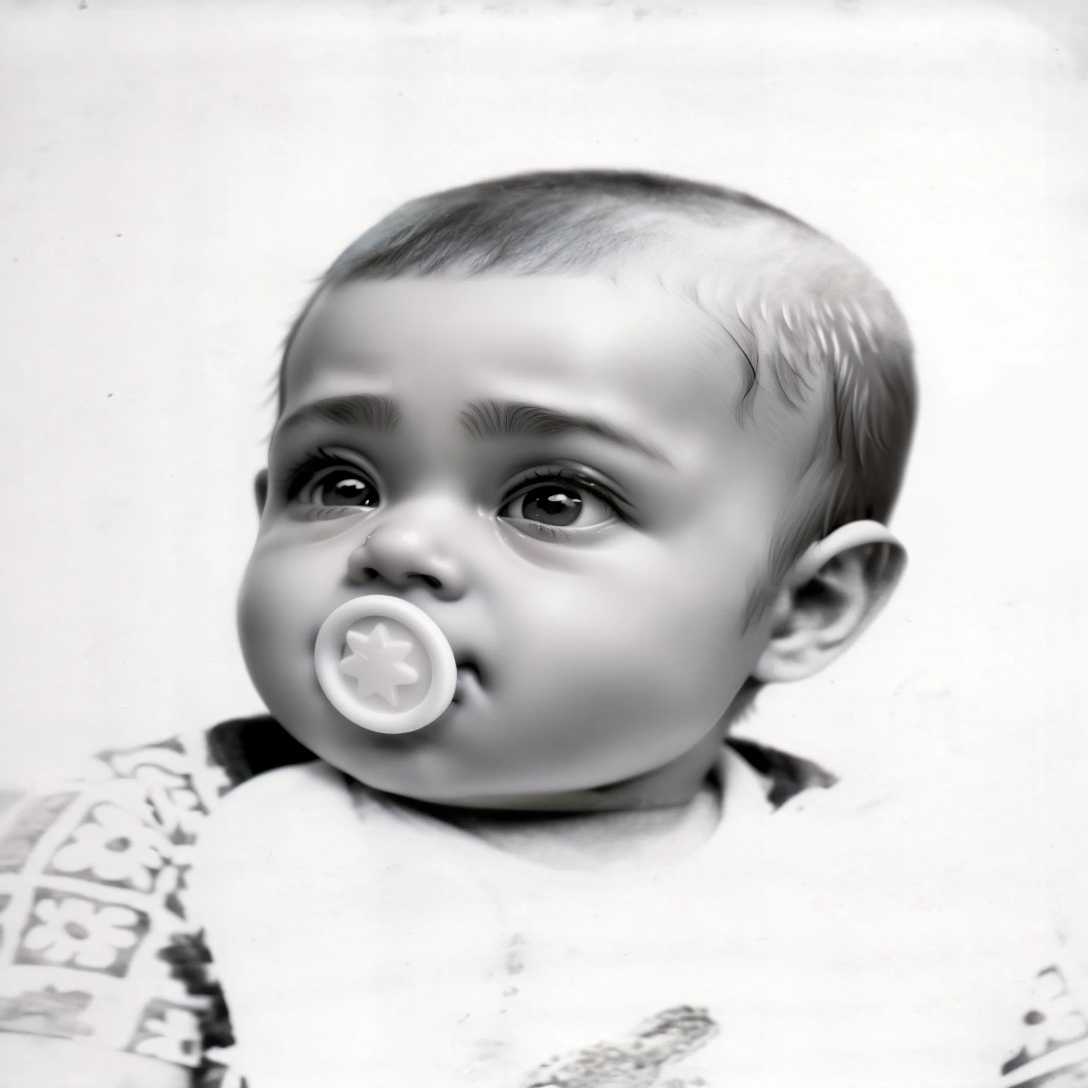 there is a  with a pacifier in his mouth, younte boy, serious expression, serious face, innocent face, pouty face, button nose, cute pout, angry look in his face, mischievous expression, cute face, intense expression, profile picture, early black and white photo, innocent look, early screen test, skeptical expression